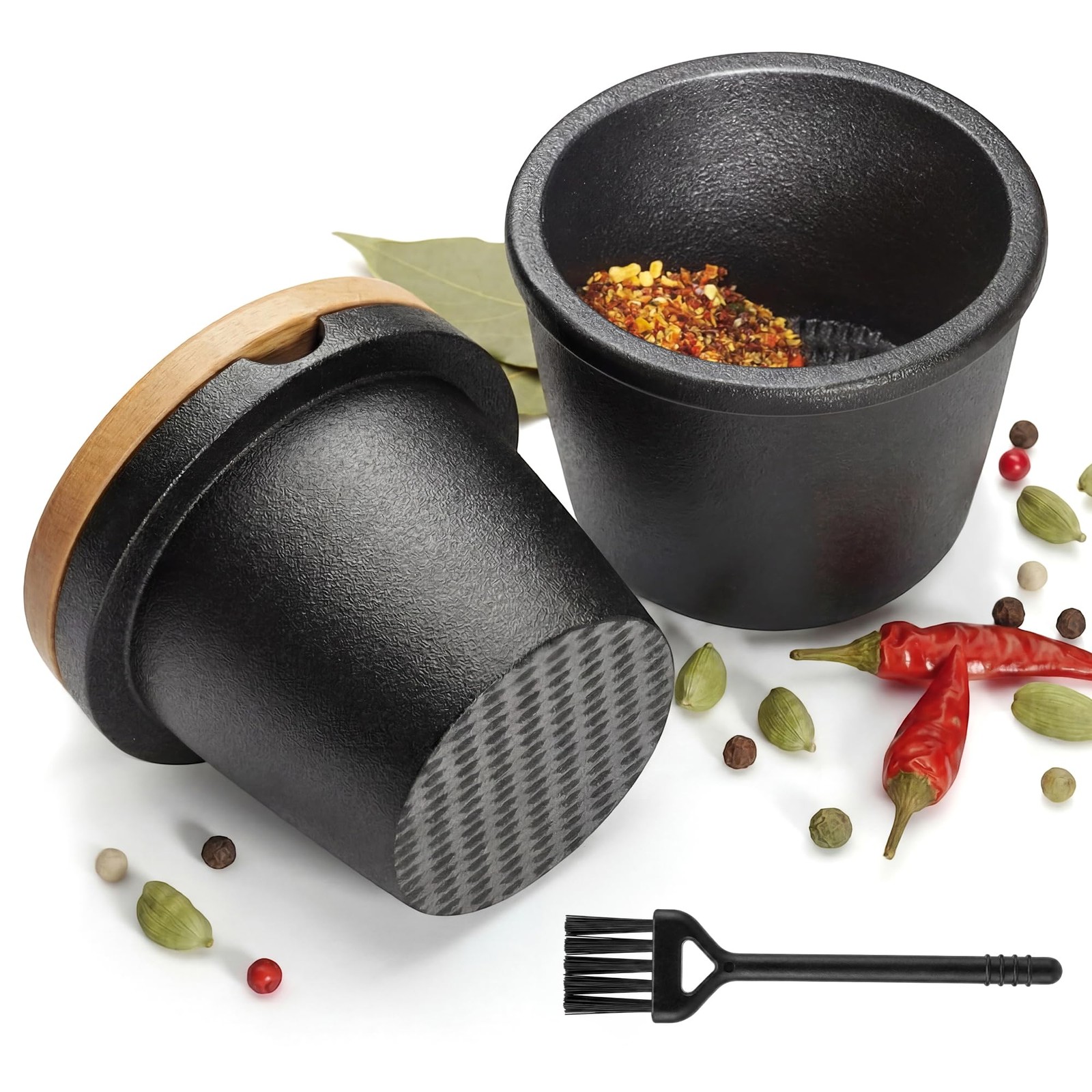 Cast Iron Spice Grinder with Wood Lid & Cleaning Brush, 3 Inch Heavy Duty Spi…