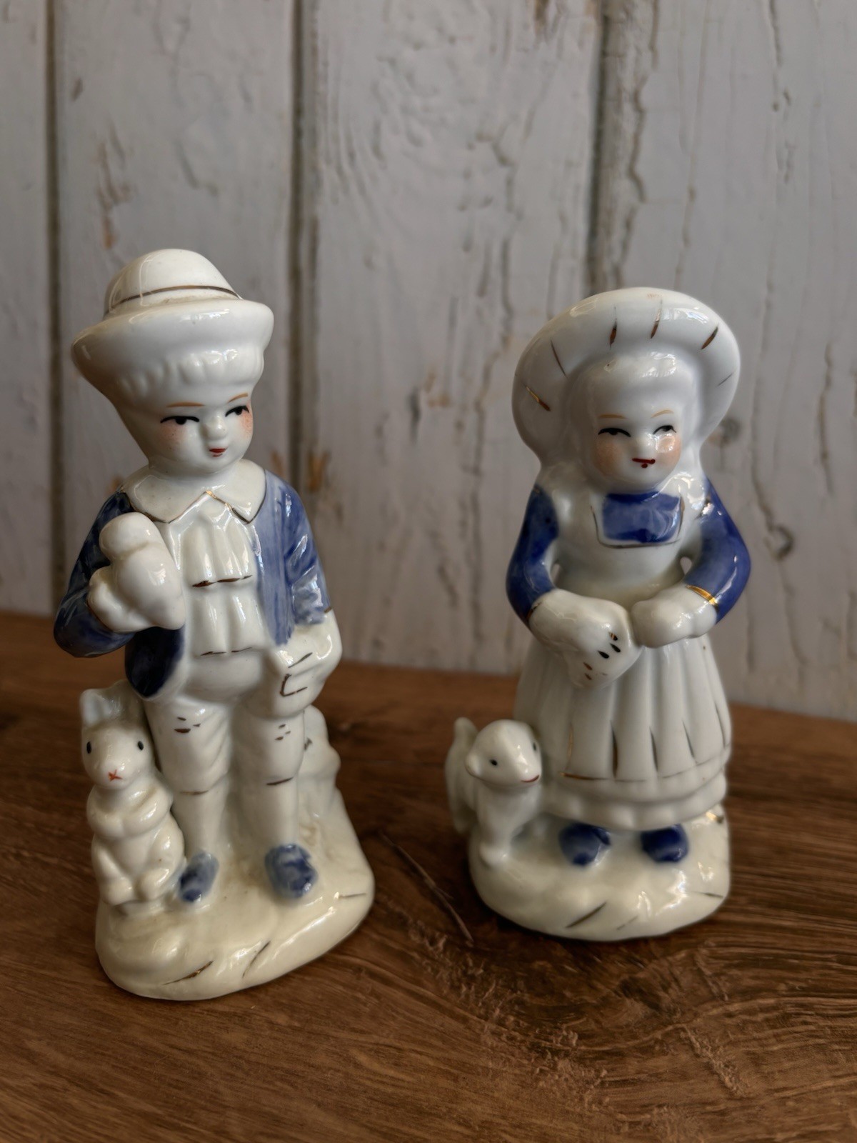 Vintage Porcelain Delft Style Boy and Girl Figurines with Animals Blue White