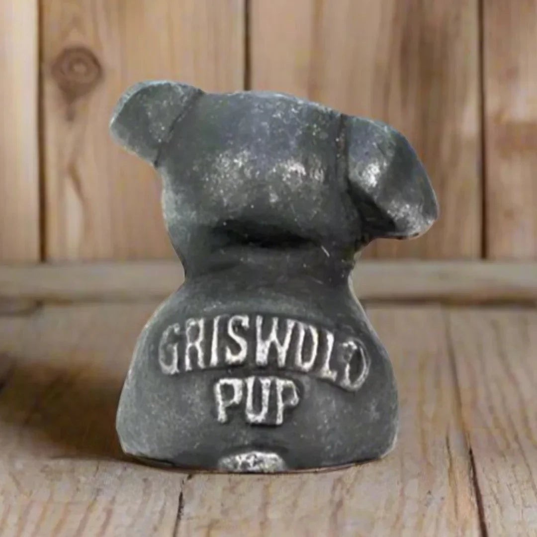Griswold Pup Paperweight Cast Iron Raised Letters & Antique Finish (1.5″ Tall)