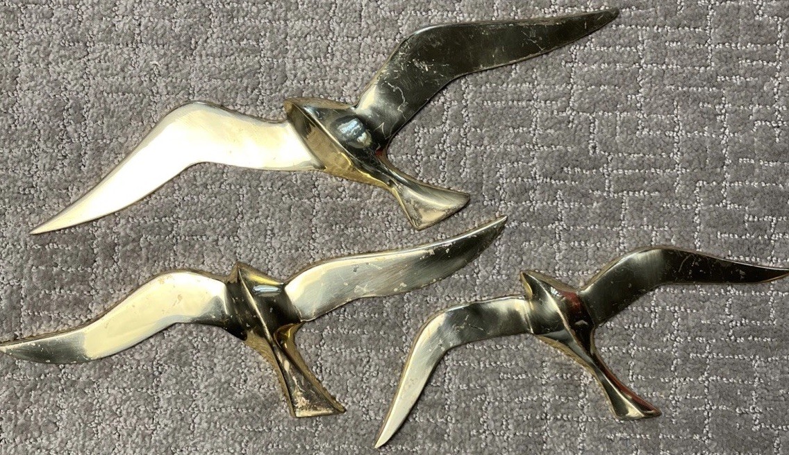 Brass Seagulls Flying Birds Wall Decor Mid Century Modern MCM Vtg Set 14” India