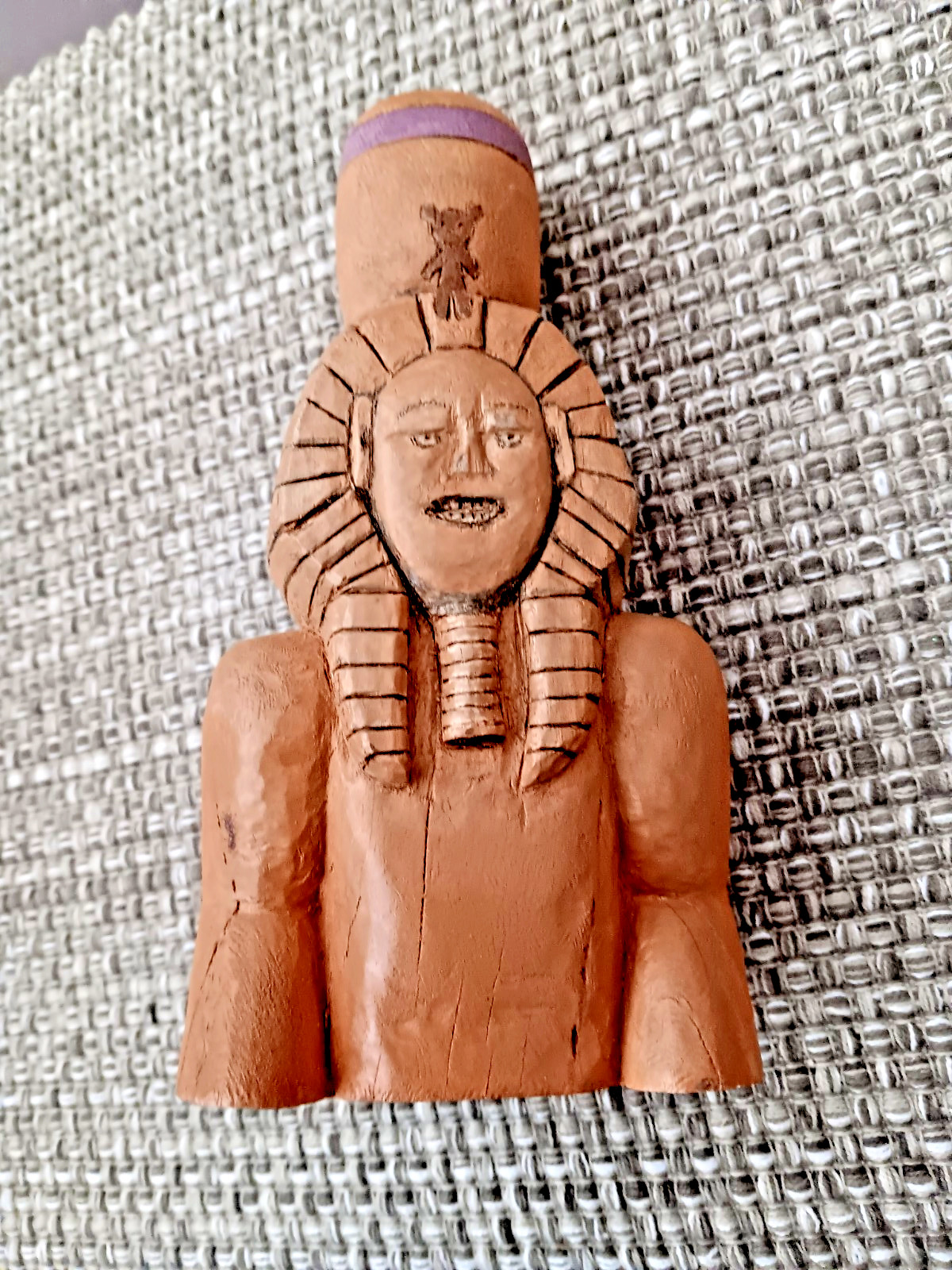 Egyptian Pharaoh Carved Solid Wooden Figure with Headdress 7 In Tall