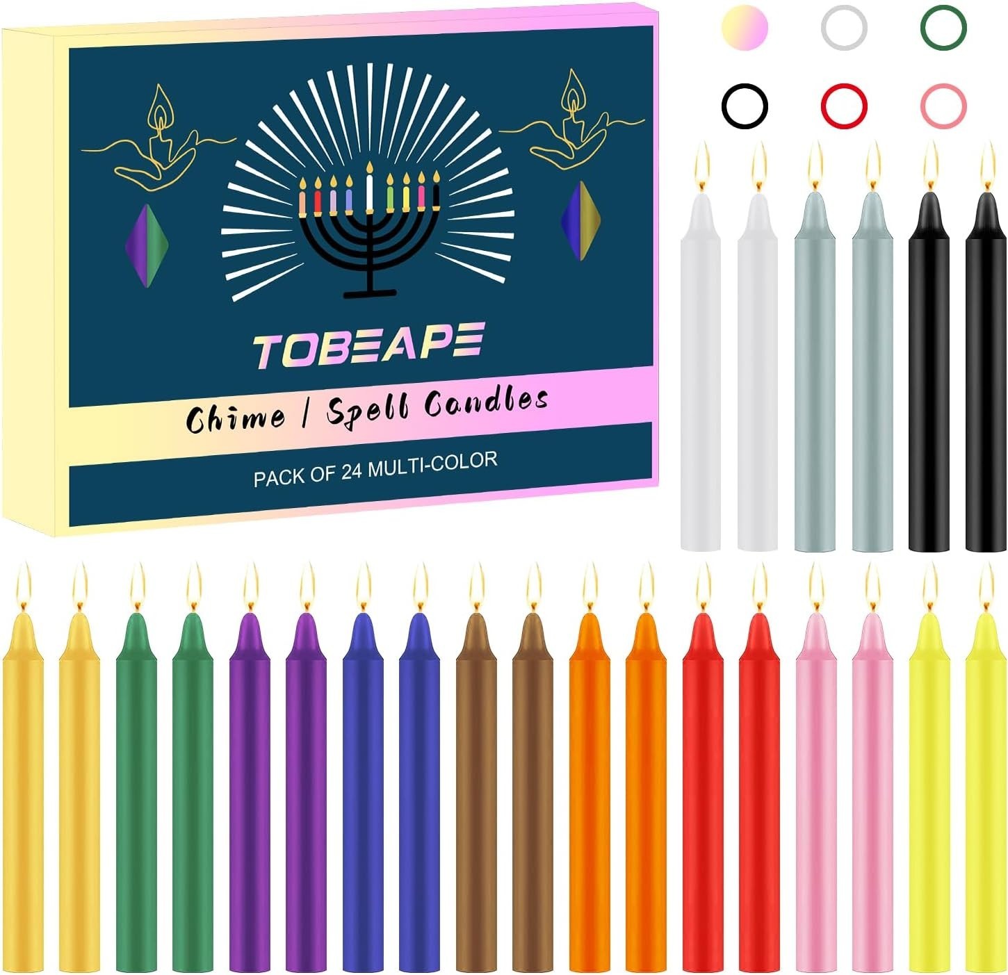 Tobeape 24 Pack Assorted Color Spell Chime Candles, 4 Inch Mini Taper Candles fo