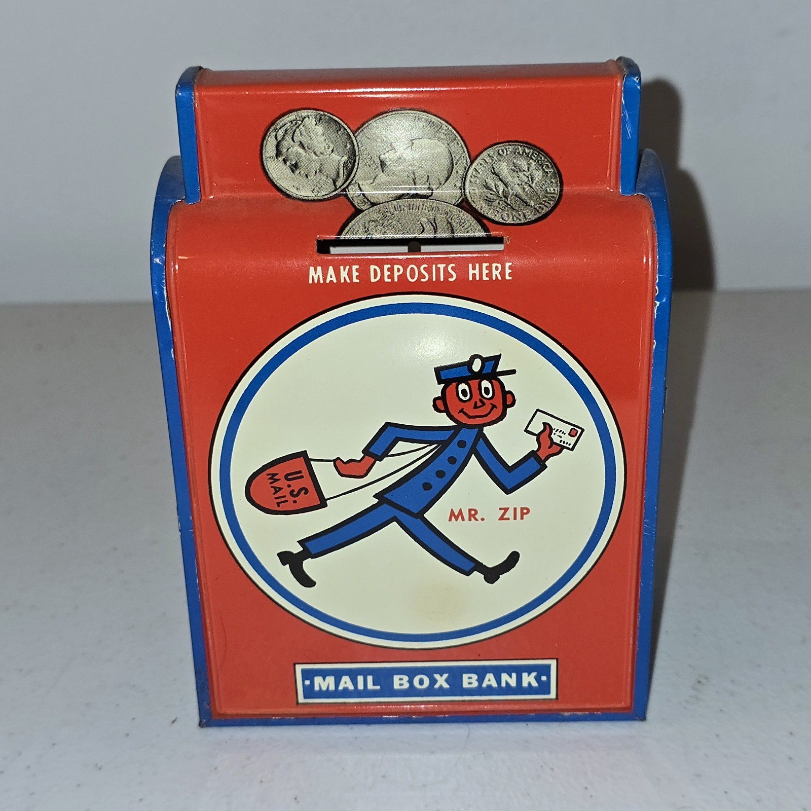 Vintage ORIGINAL USPS MR. ZIP MAIL BOX TIN COIN BANK BY OHIO ART w/ Plug Stopper