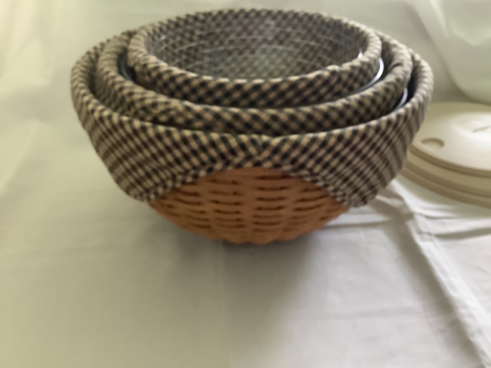 LONGABERGER 9” 11” 13” WOVEN 3-BOWL BASKET COMBO W/LIDDED PROTECTORS, OTE LINERS