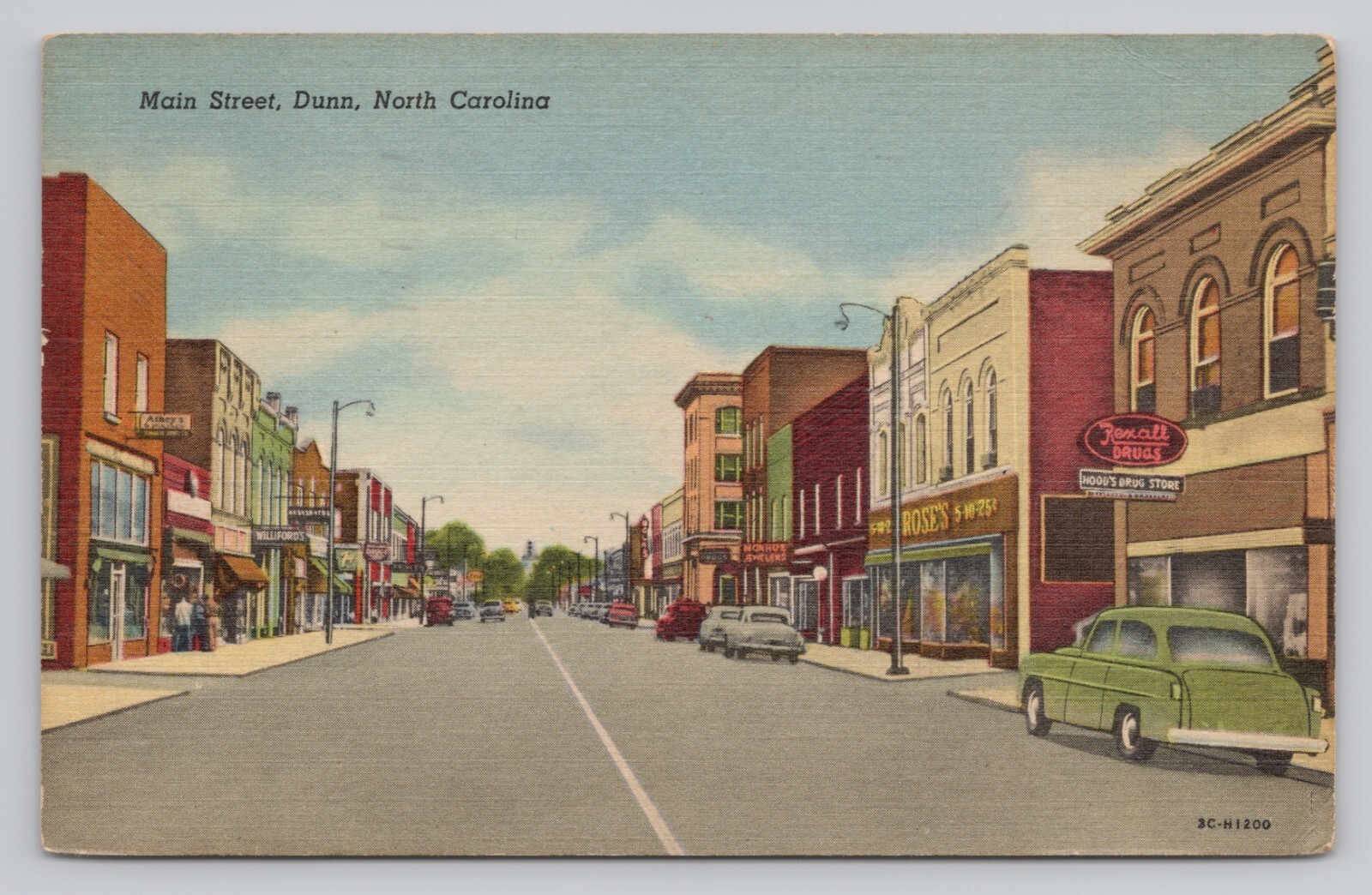 Main Street Dunn North Carolina Drug Store Monroe Jewelers c1954 Postcard