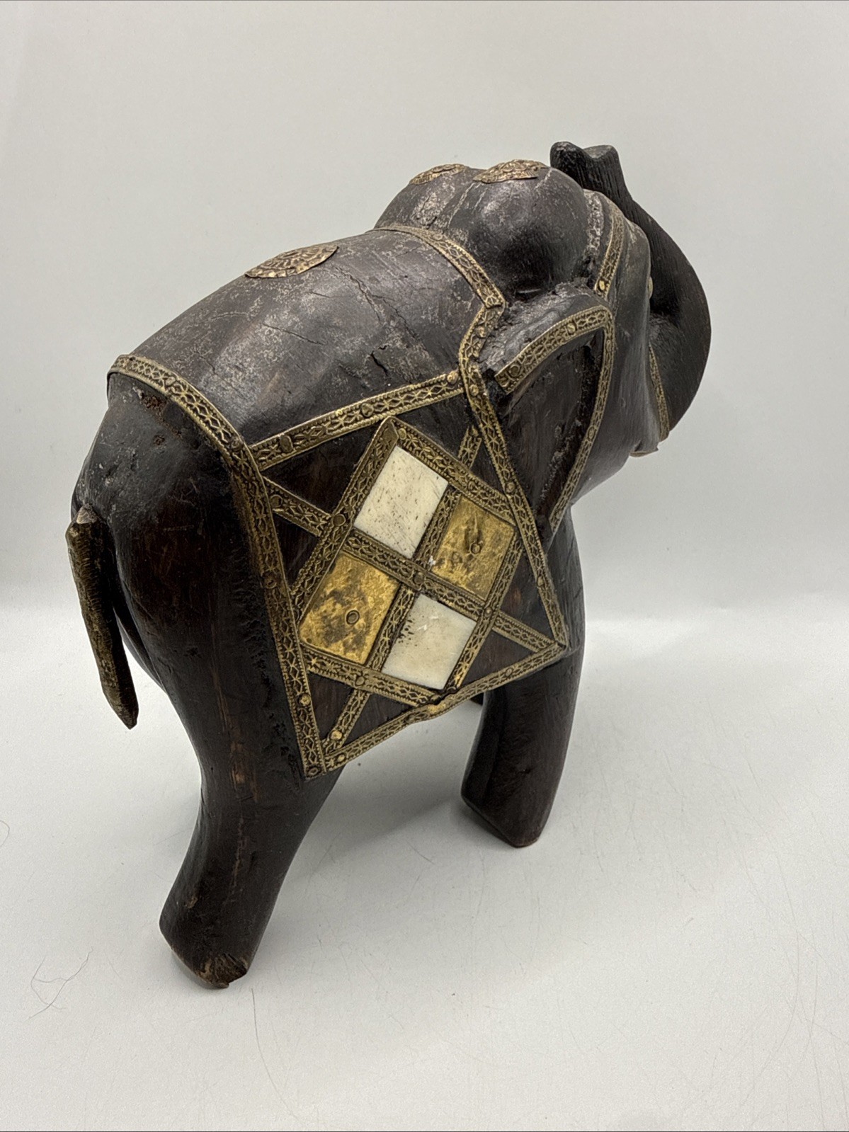 Vintage India Elephant Carved Wood with Stone Inlay and Brass Accents
