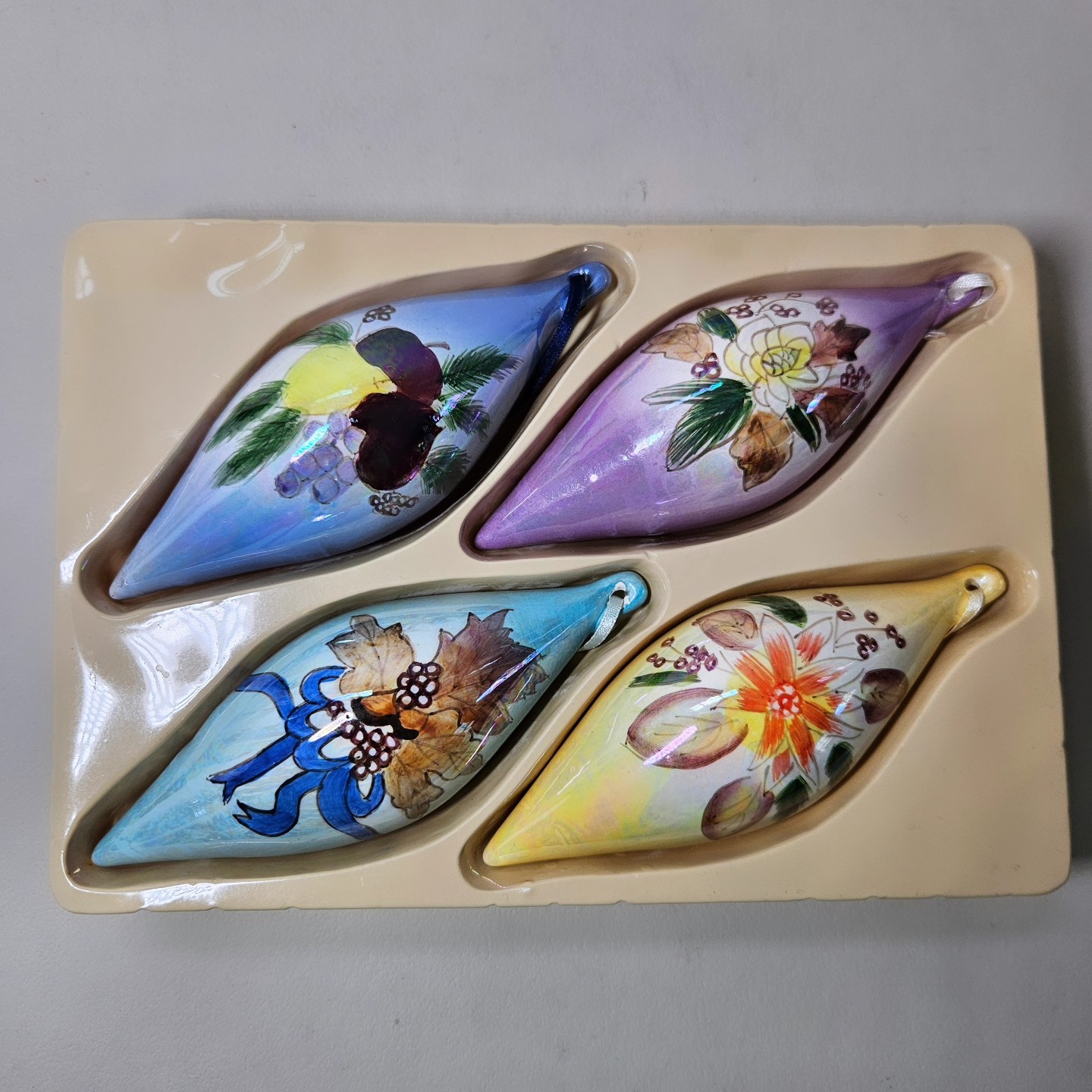 Set of 4 Floral Teardrop Shaped Ceramic Earthenware Ornaments