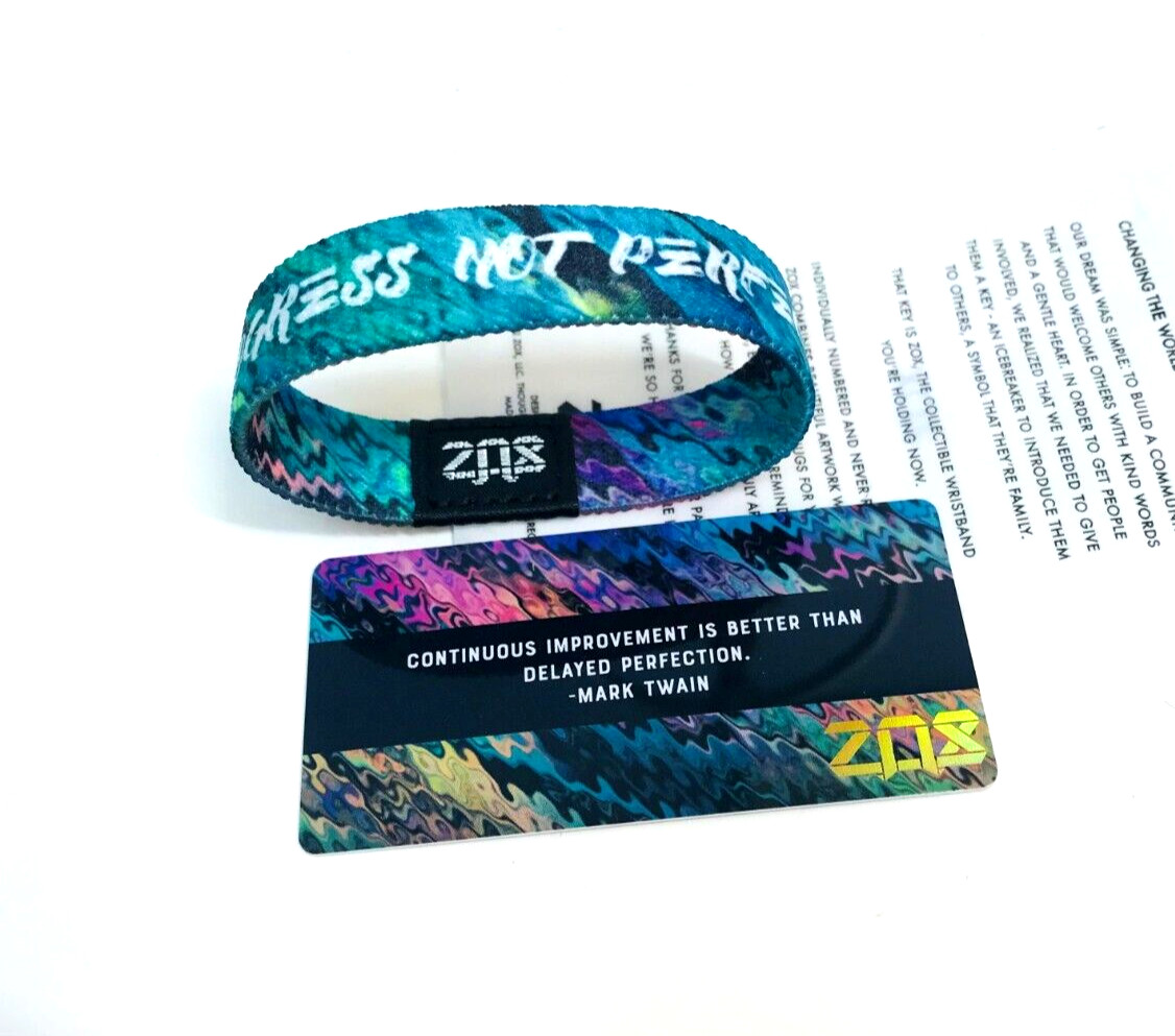 ZOX **New PROGRESS NOT PERFECTION** Large Single New IN PKG Wristband w/Card