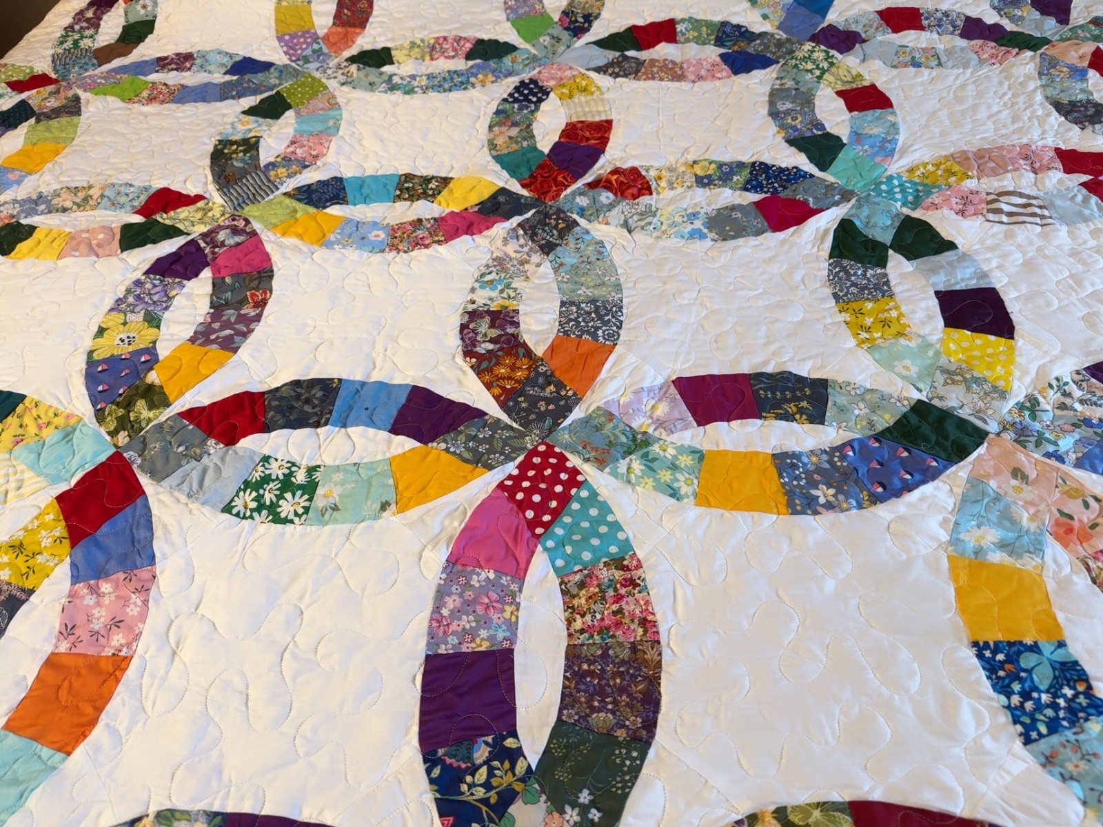 Double wedding Ring king machine pieced &quilted quilt#3-27A