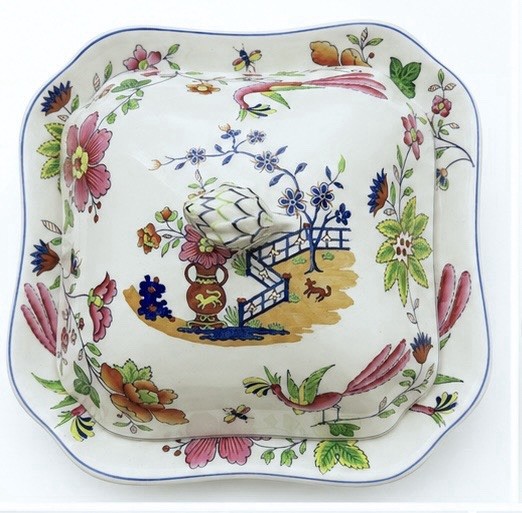 Copeland Spode Peiping Covered Dish Tureen 9×9 England New Stone Chinoiserie