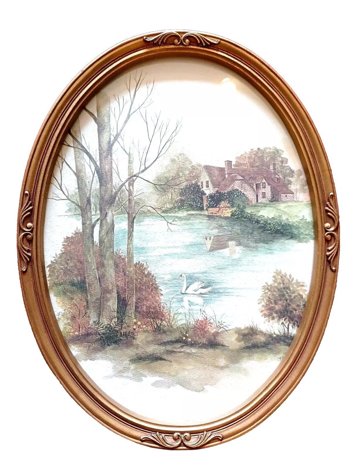 Vintage Cottage Swan Picture oval 17″ Frame Ornate Victorian Style Wall Hanging