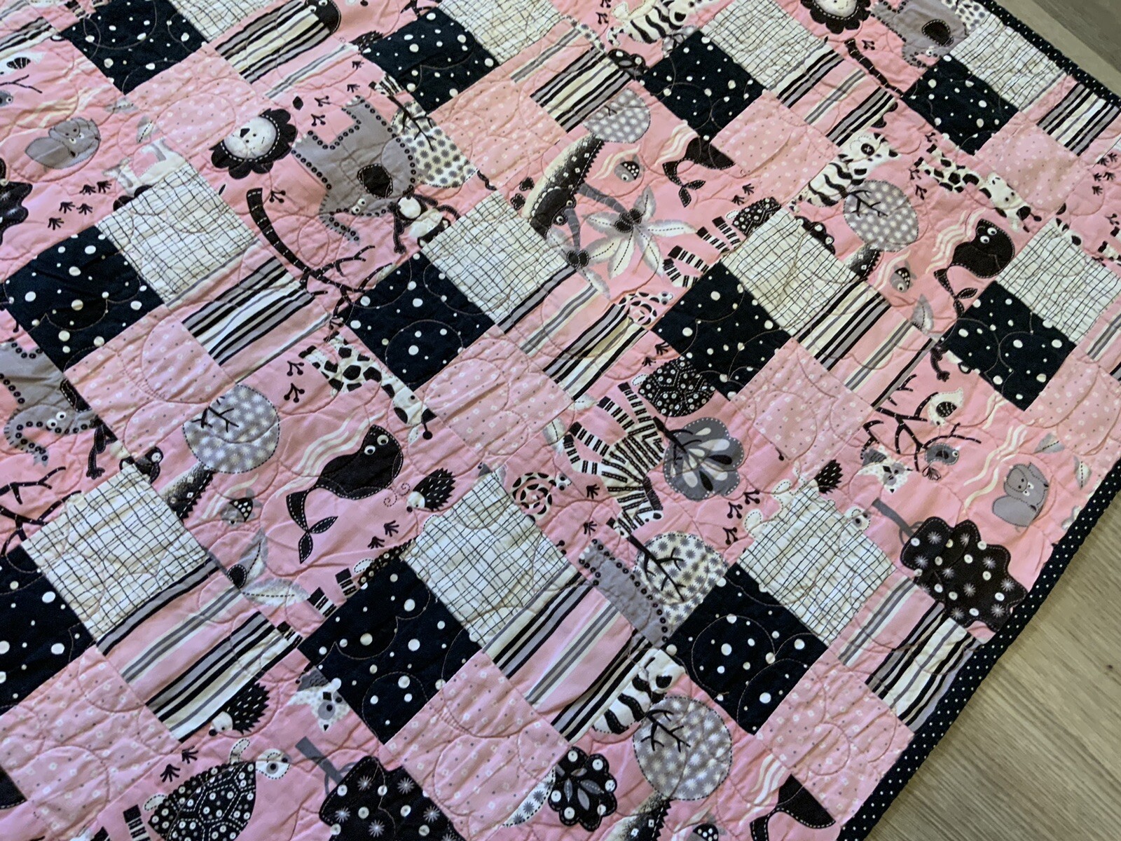 Patchwork Crib Quilt, Four Patch, Pink & Black, Whimsical Animal Print, Dots