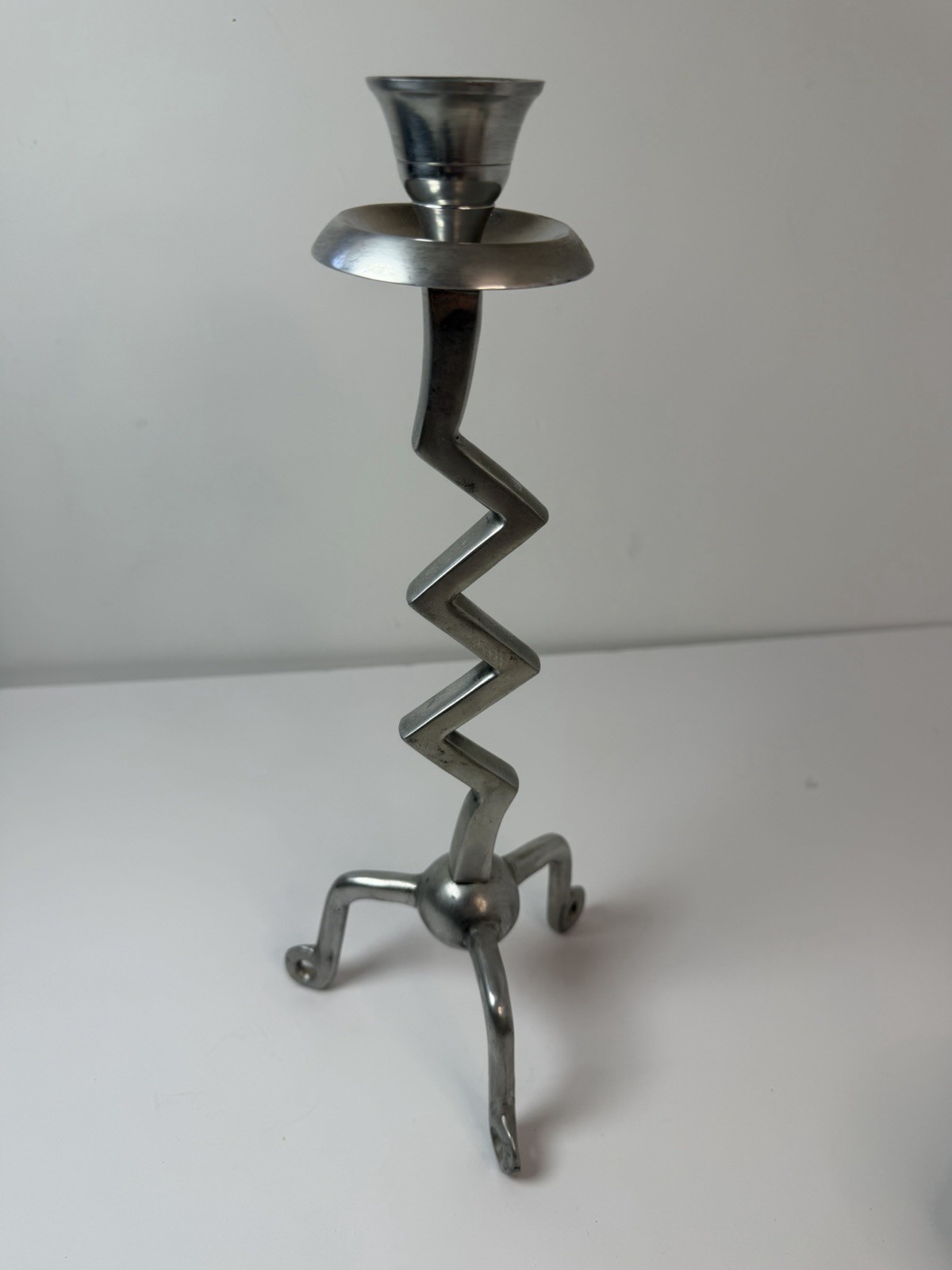 Postmodern Aluminum Zigzag Zig Zag Squiggle 13″ Candleholder Candlestick MCM Art