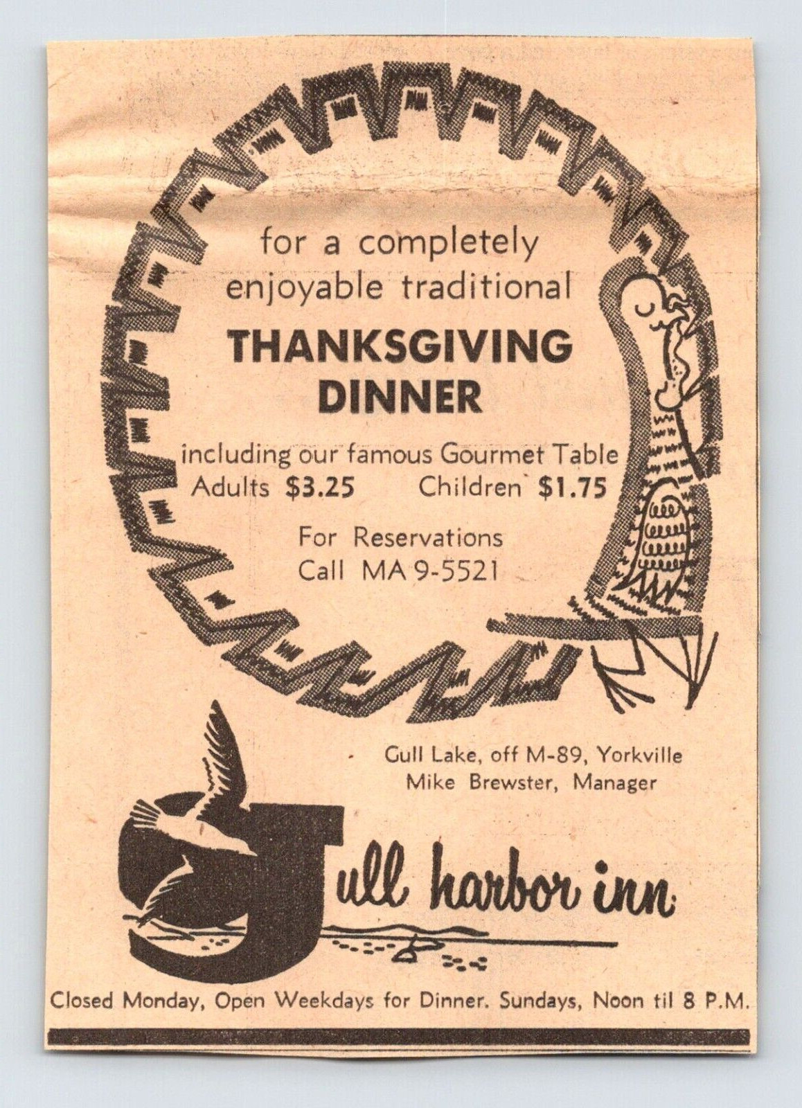 1963 THANKSGIVING DINNER GULL HARBOR BATTLE CREEK MI 3.5X5 Newspaper Ad 60’s 458
