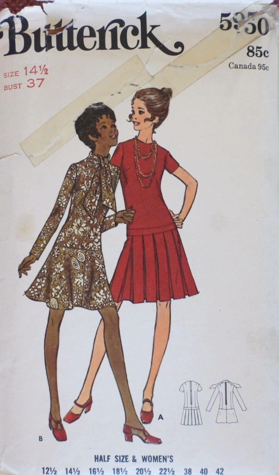 Vtg 1970s Butterick 5950 Flared Pleated Low Skirt Dress SEWING PATTERN 37 bust