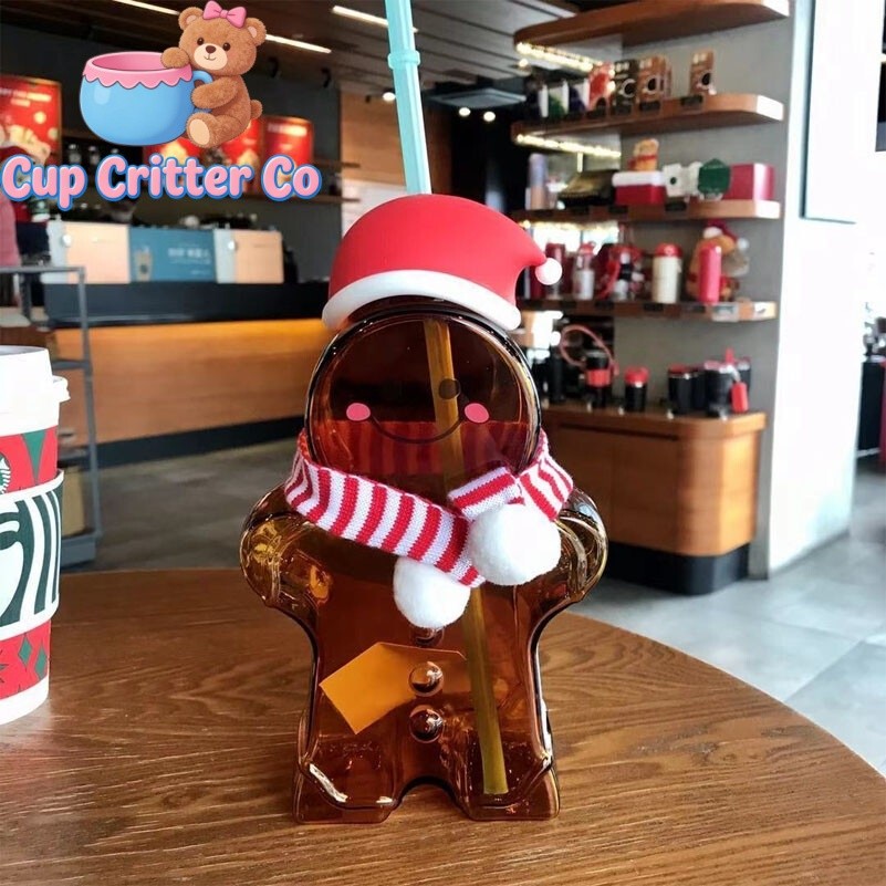 New Starbucks Christmas Gift Gingerbread Man Shaped Glass Straw Cup Tumbler
