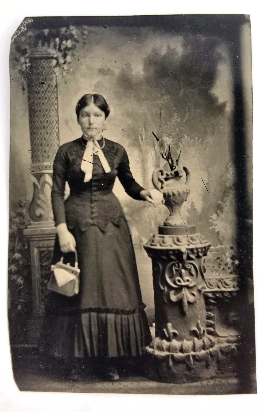Antique Tintype Photo Pretty Young Victorian Lady Woman Fashion Dress Hair Purse