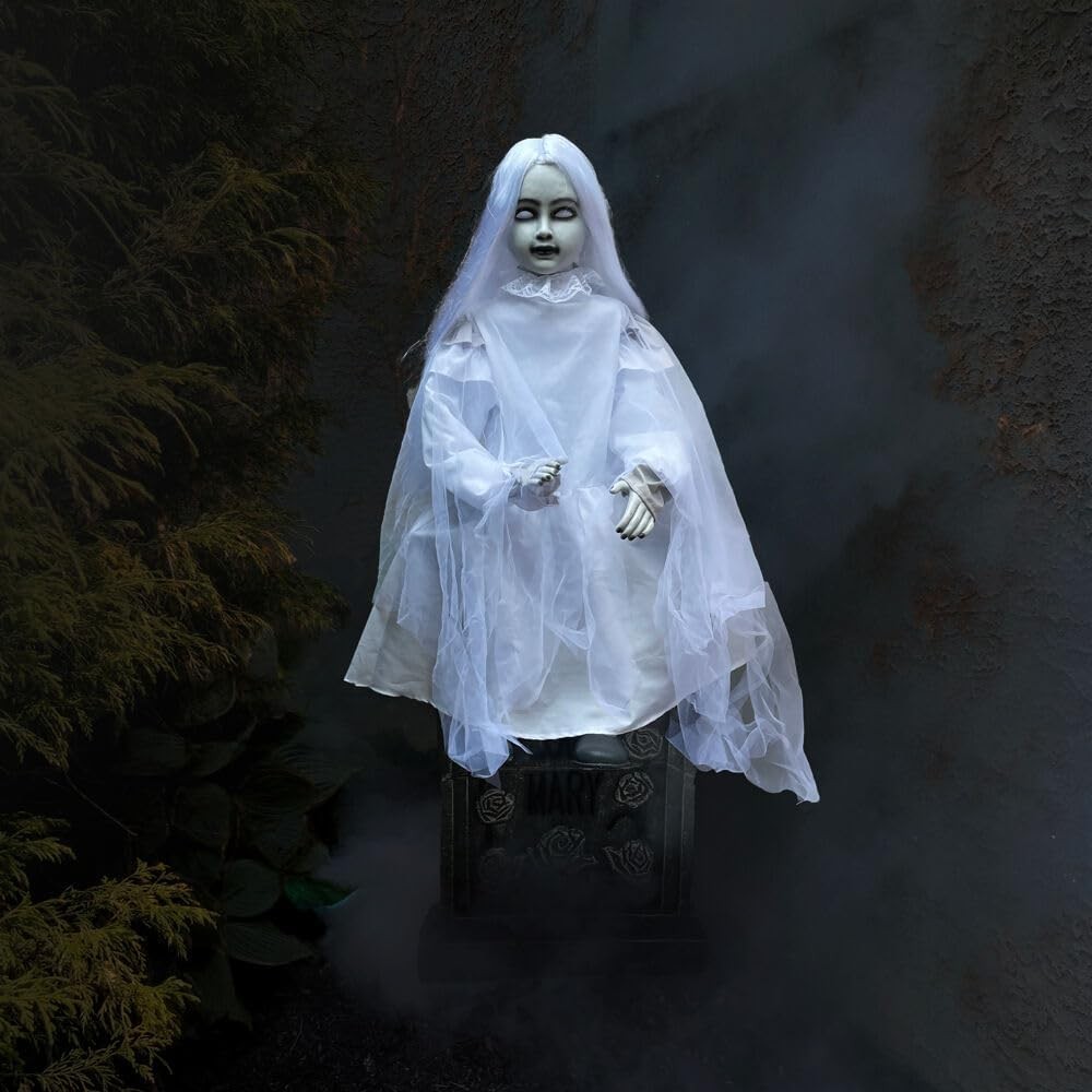 4 Ft . Motion-Activated Sitting Tombstone Girl Premium Talking Halloween Décor