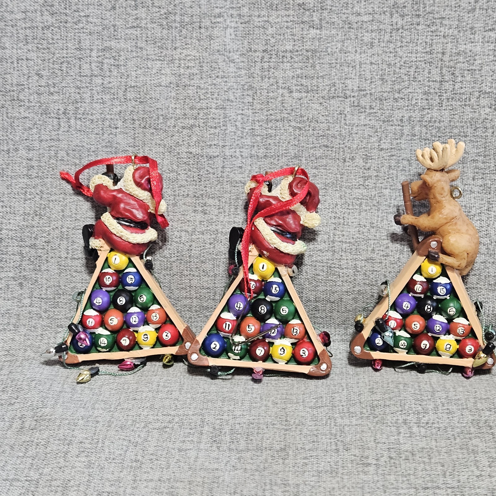 Billiard Ball &Rack Santa & Moose Ornaments Set Of 3 Man Cave Pool Hall