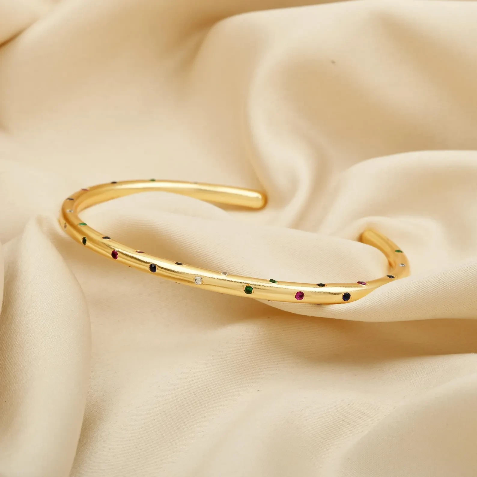 Multi-Gemstone Open Cuff Design Bangle Bracelet in 18K Yellow Gold Over 7.5″ Her