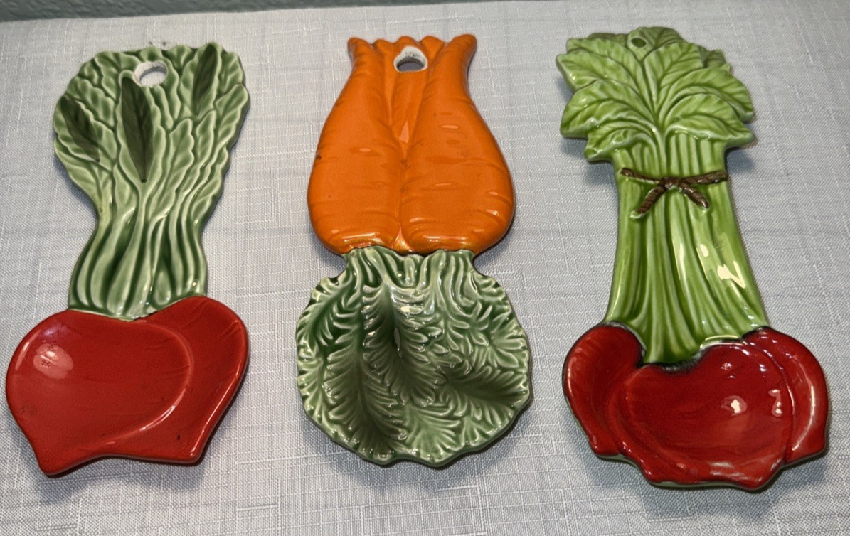 VTG 70s Spoon Rest Set 3 Wall Decor Pier One Farmhouse Cottage Vegetable Hanging