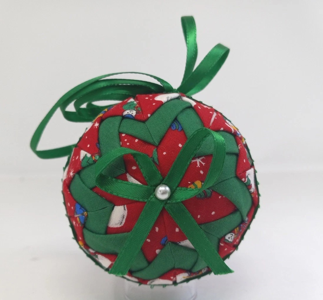 Handmade Folded Star Quilted Patch Ornament Red Green Christmas 3″