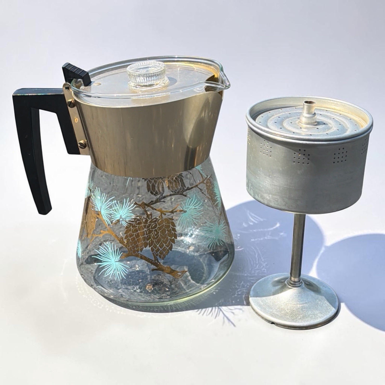 Vintage David Douglas Flameproof Glass Coffee Percolator Turquoise Gold Pinecone