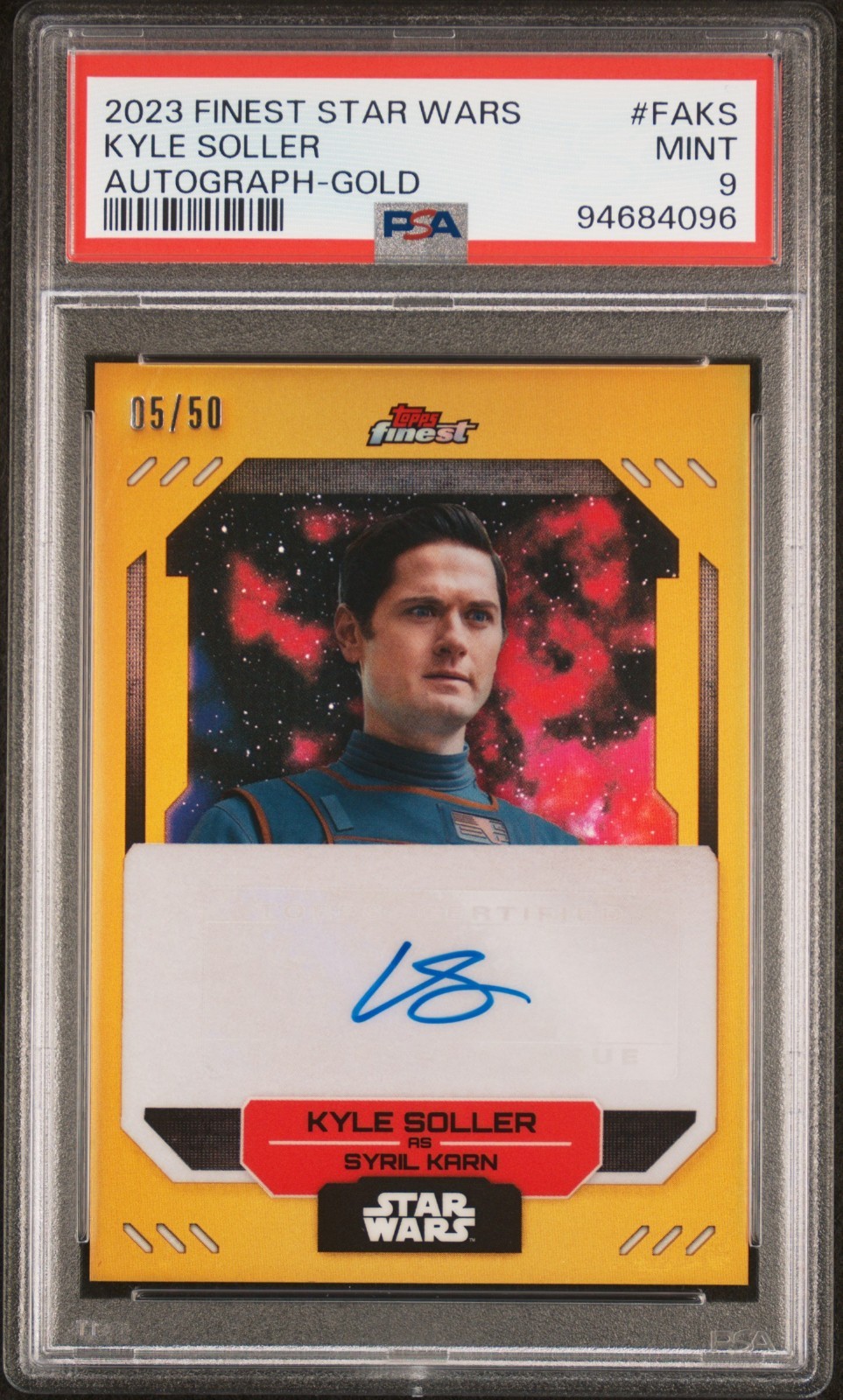 2023 Topps Finest Star Wars Kyle Soller as Syril Karn Auto Gold 05/50 PSA 9 2^0