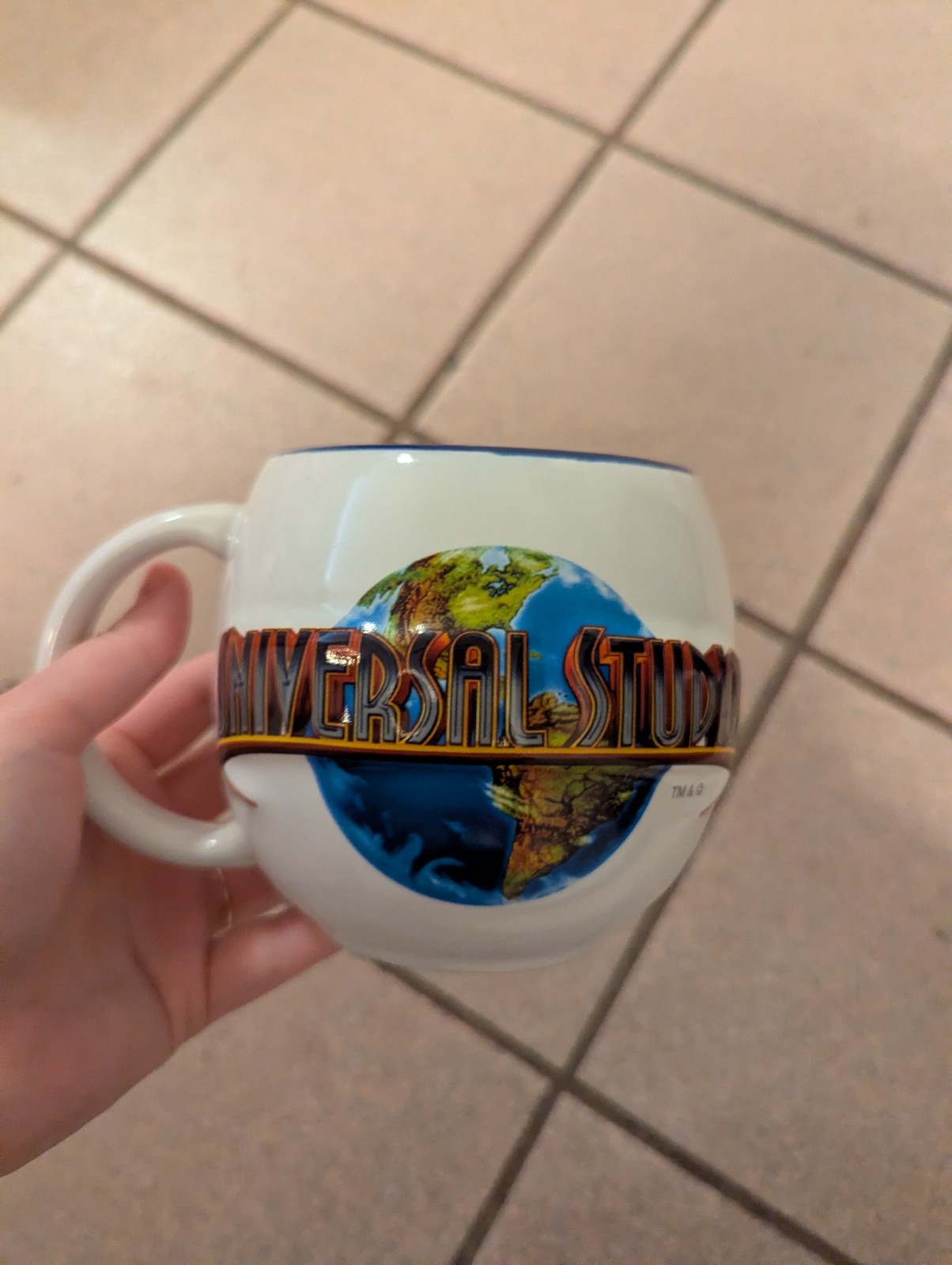 2012 Universal Studios Barrel Shape Cup Mug 3D Globe Logo White Blue Ceramic 