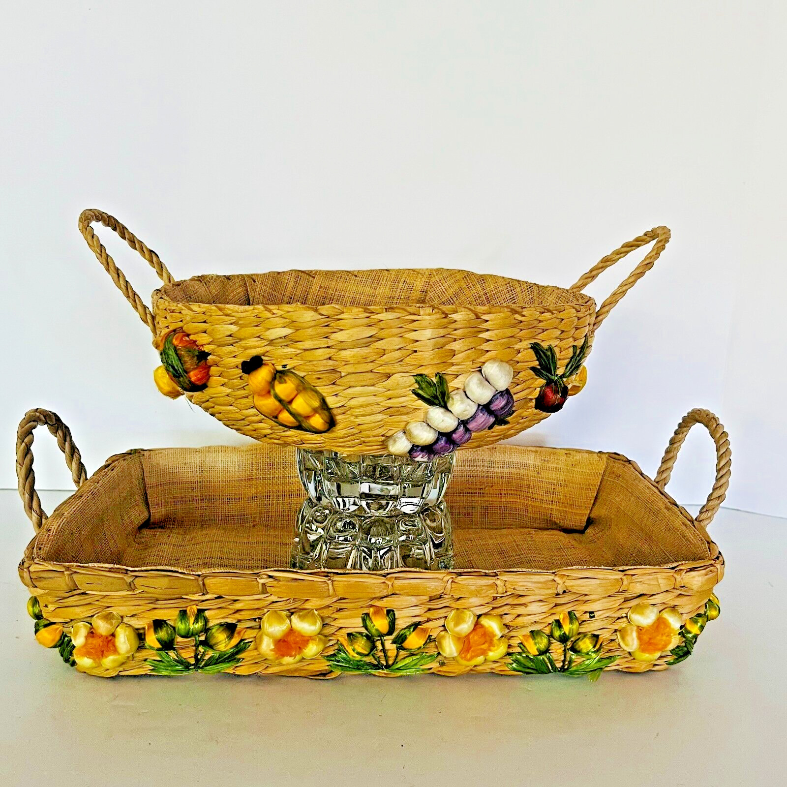 2 Vtg Raffia Baskets Handles Burlap Lined Fruit Flower Design Glass Prop not inc