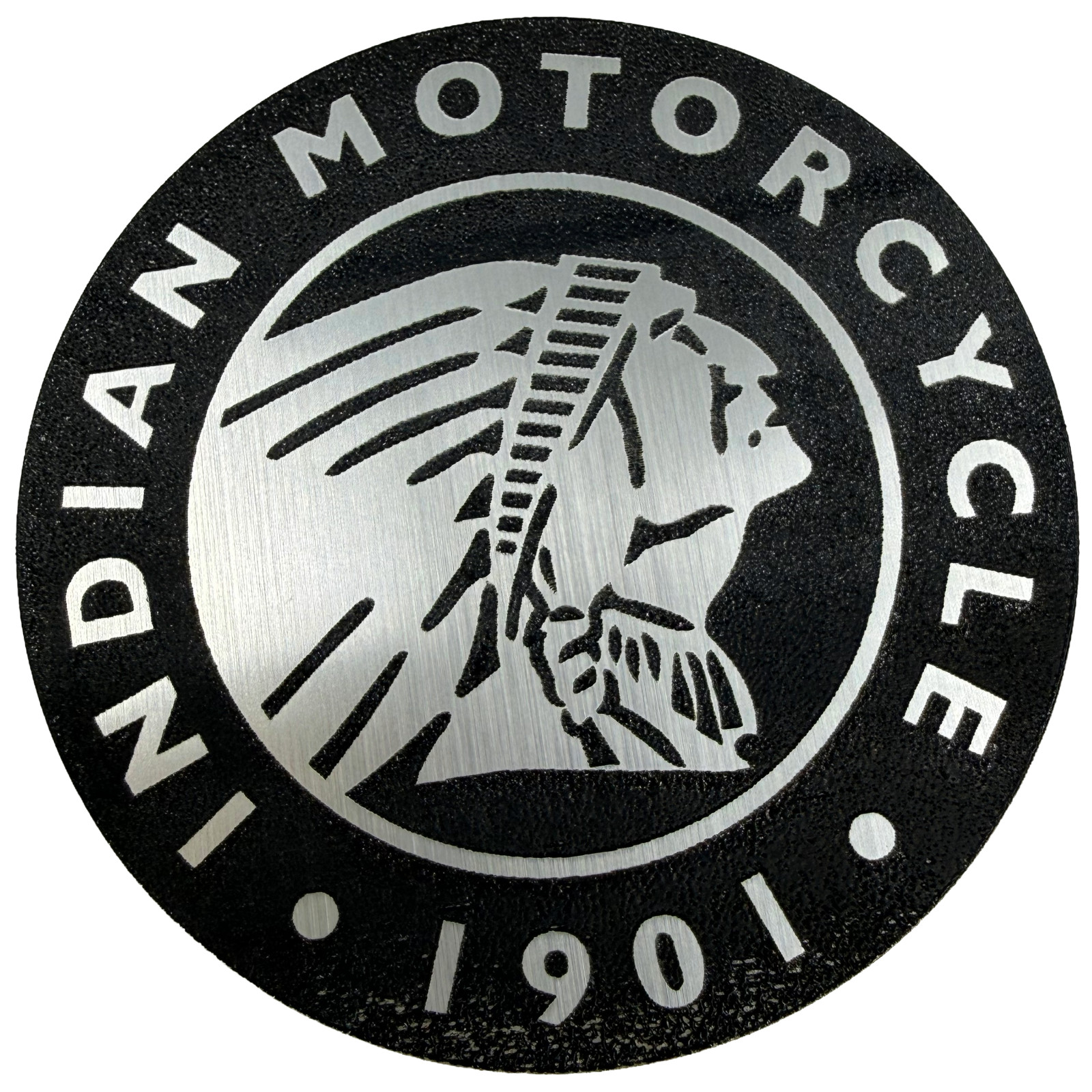 Indian Motorcycle 1901 Brushed Metal Decal Emblem 2.5″ Silver/Black