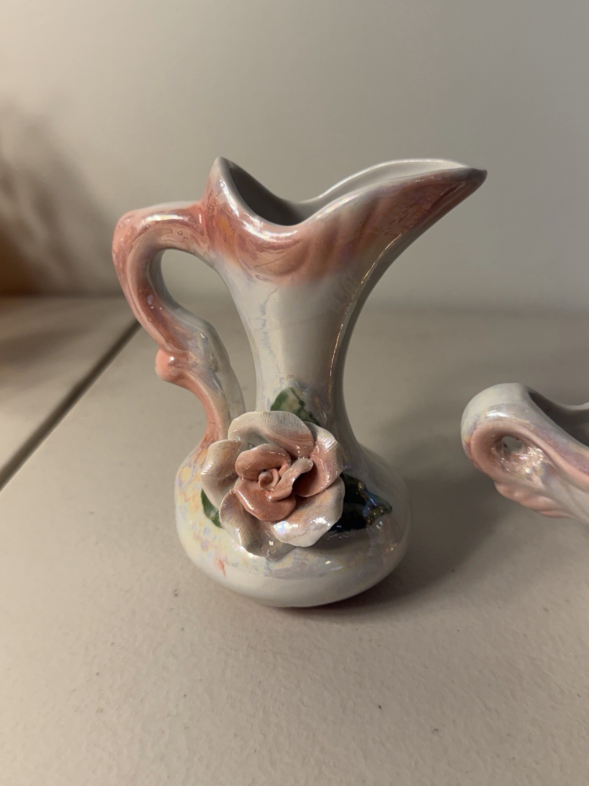 3 Pc Lusterware Decorative Vase Pitcher Glossy Rose Floral Vintage Set