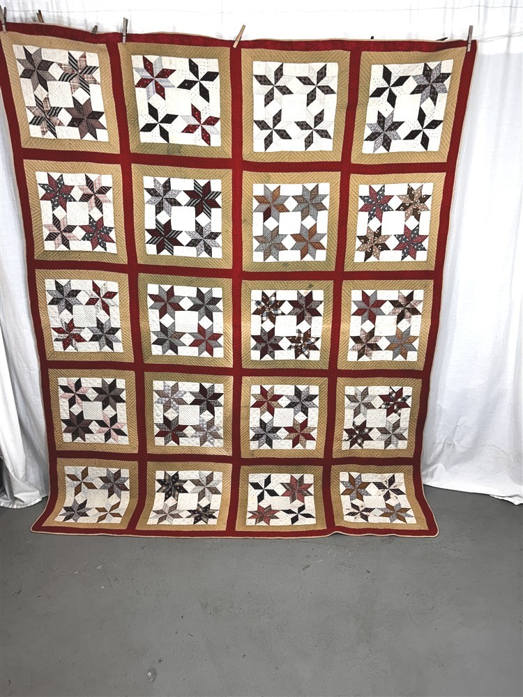 antique quilt patchwork stars red gold and white 69 x 87 print back original