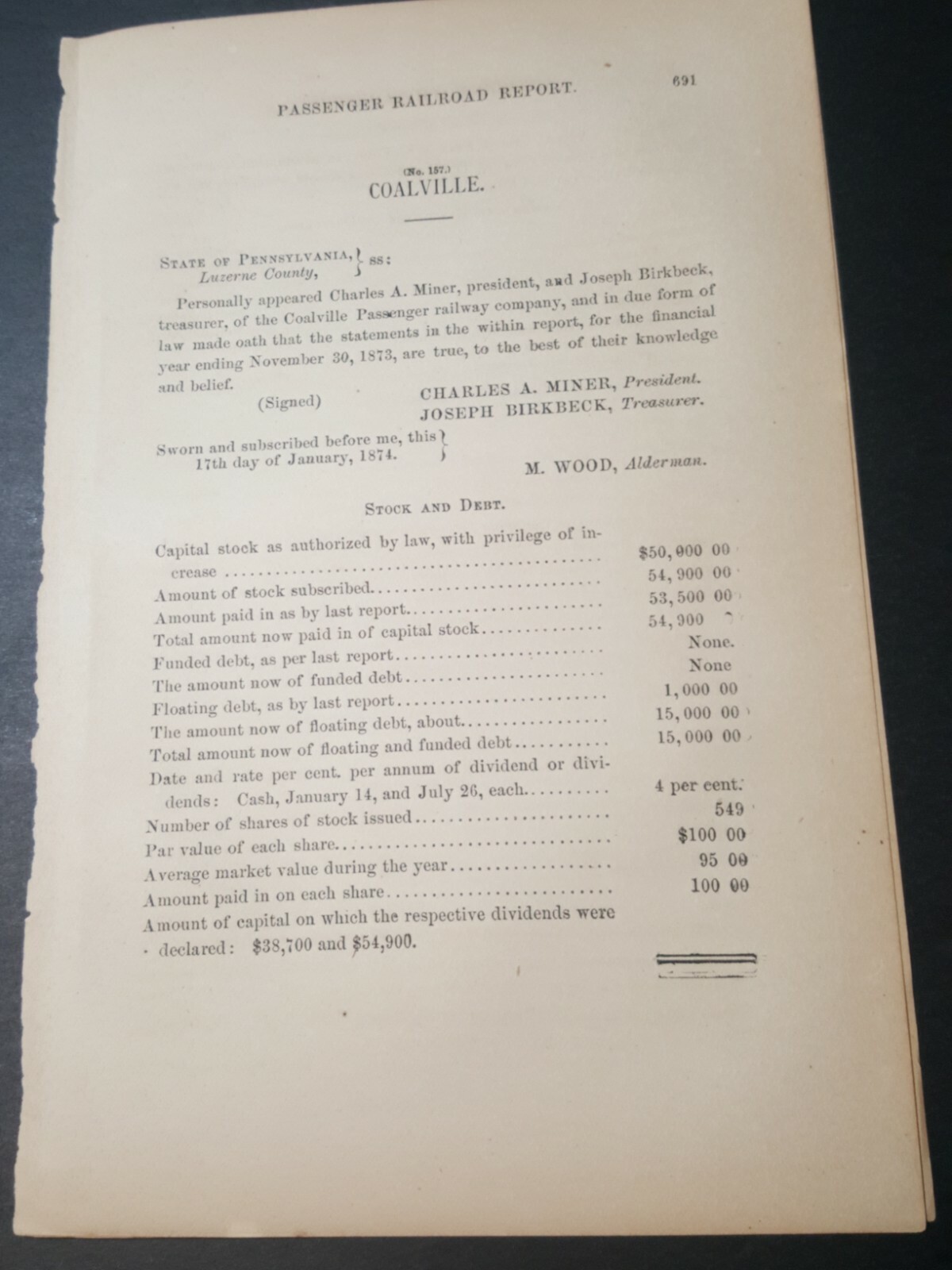 1874 horse train railroad COALVILLE PASSENGER RAILWAY Wilkes Barre Ashley PA