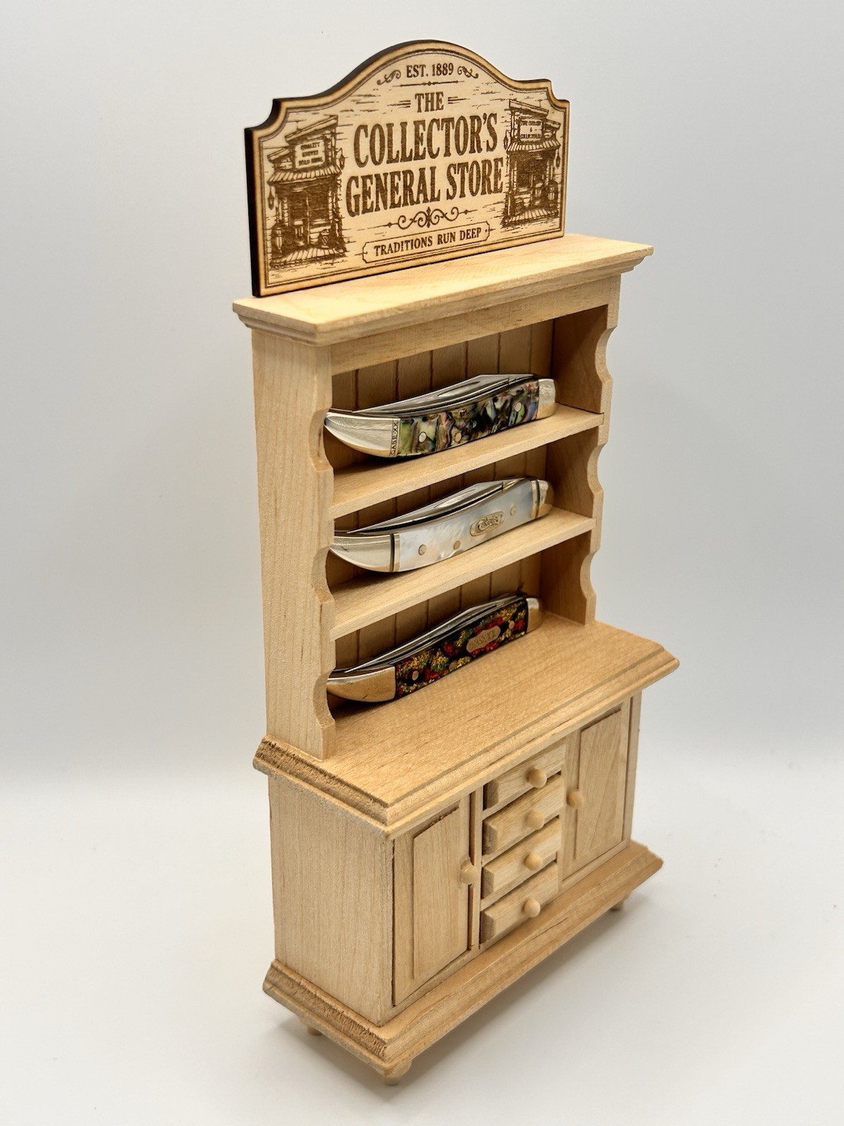 Custom Mini General Store Pocket Knife Display Cabinet Wood Shelf Stand Decor