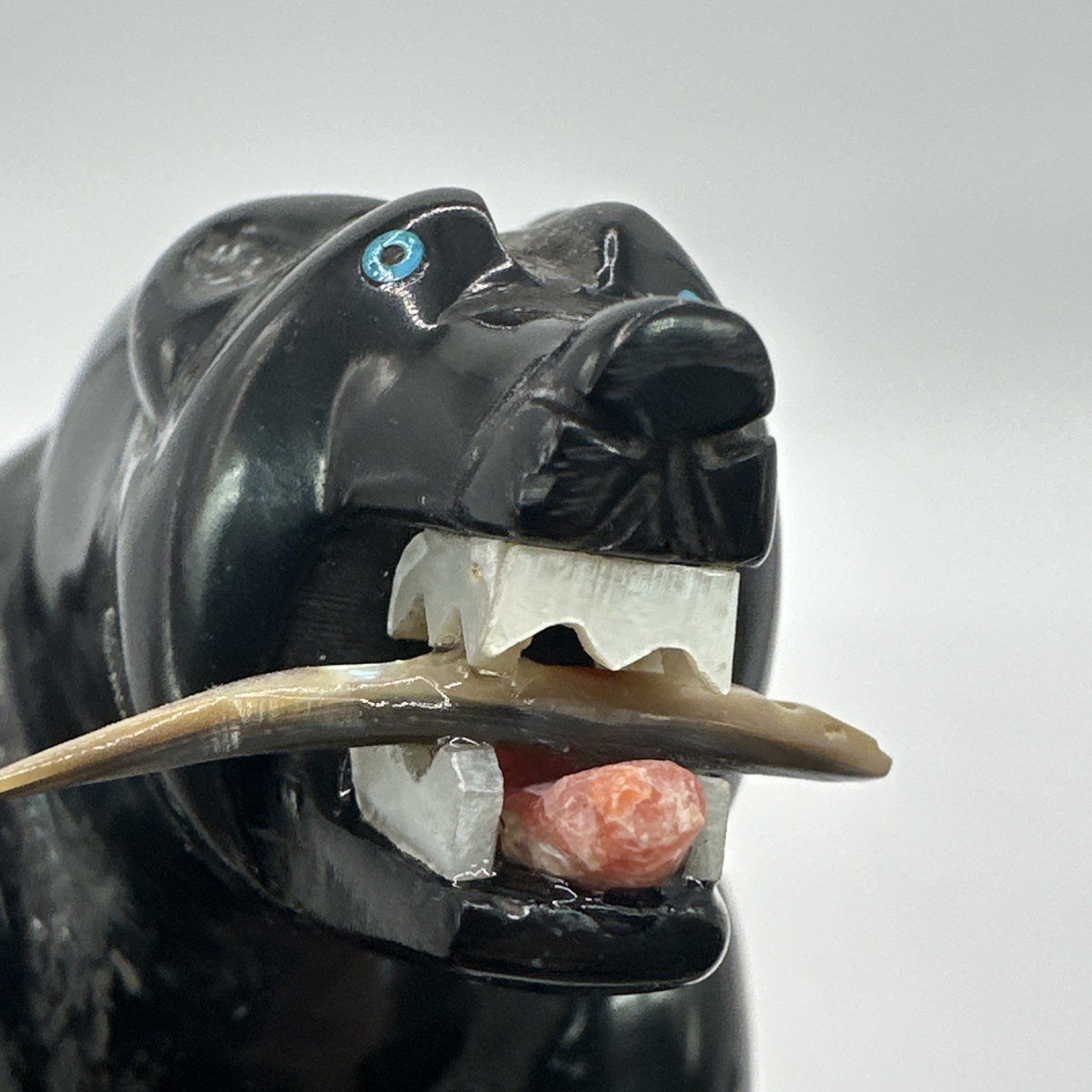 Herbert Davis Large Jet Black Bear Carved Fetish MOP Fish 3.25″ x 5″ Navajo