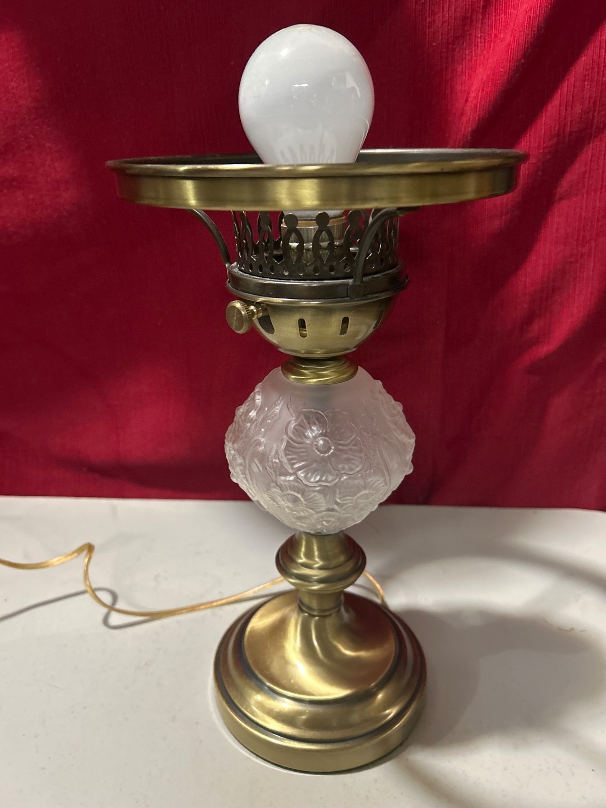 Fenton Satin Glass Student Lamp Electric Brass Base With Poppy Pattern Glass