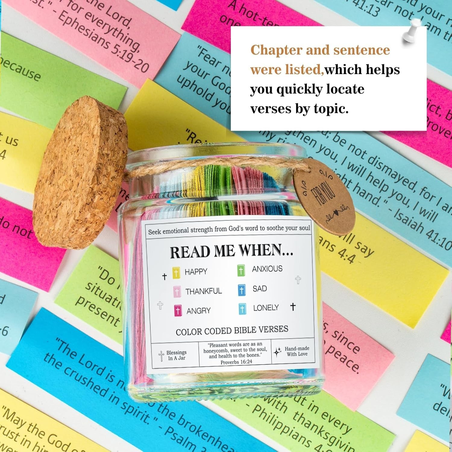 Bible Verse Jar 90 Color-Grouped Scripture Strips Christian Gift w Greeting Card