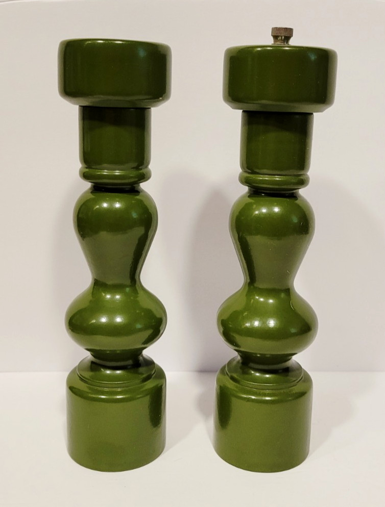 Mid Century Modern Japan Wood Green Salt And Pepper Shaker 9 Inches Tall