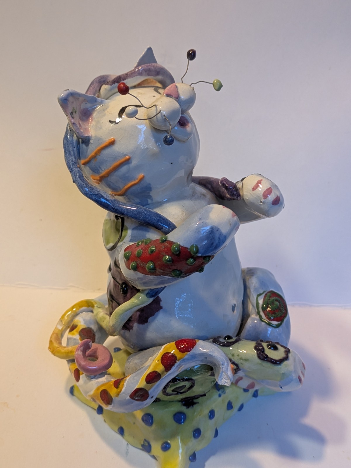 Patchwork Penelope on a Pillow, Vintage WhimsiClay Original, 1 Whisker Missing