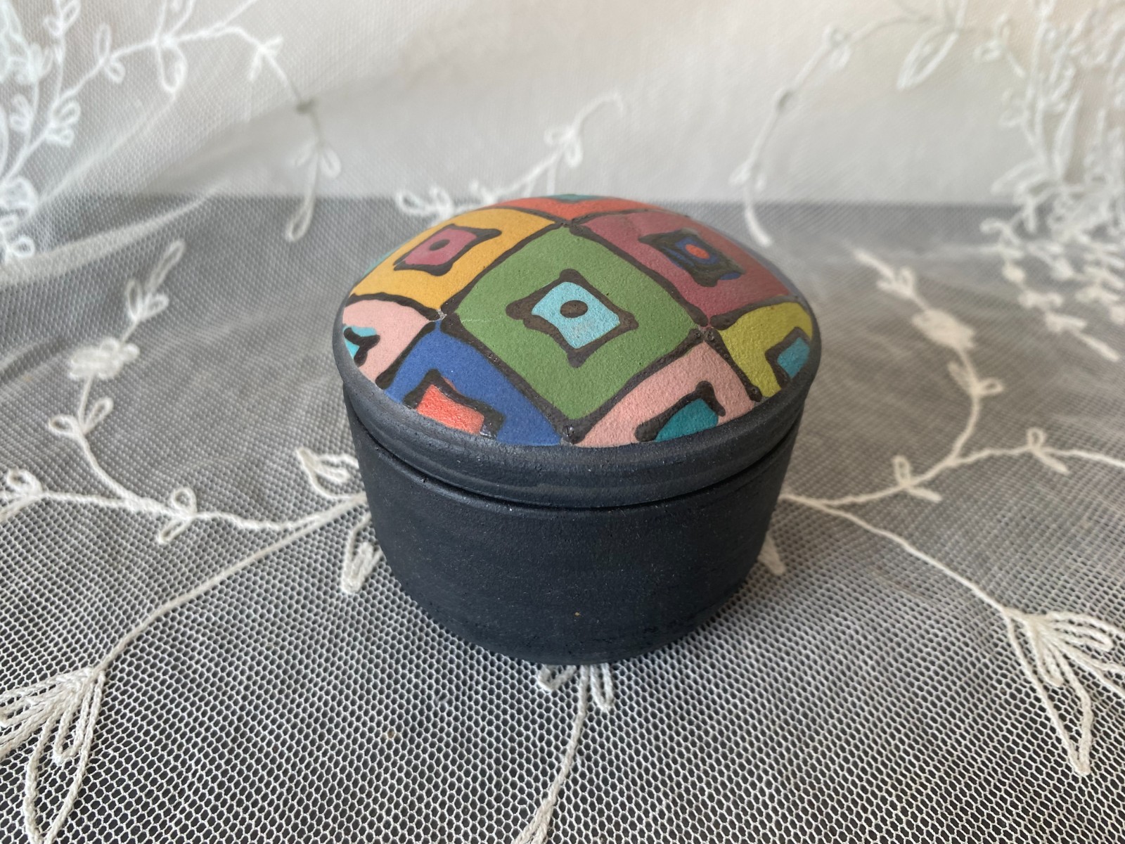 Multicolor Painted Squares Ceramic Pottery Trinket Box w/Lid Signed KW Matte