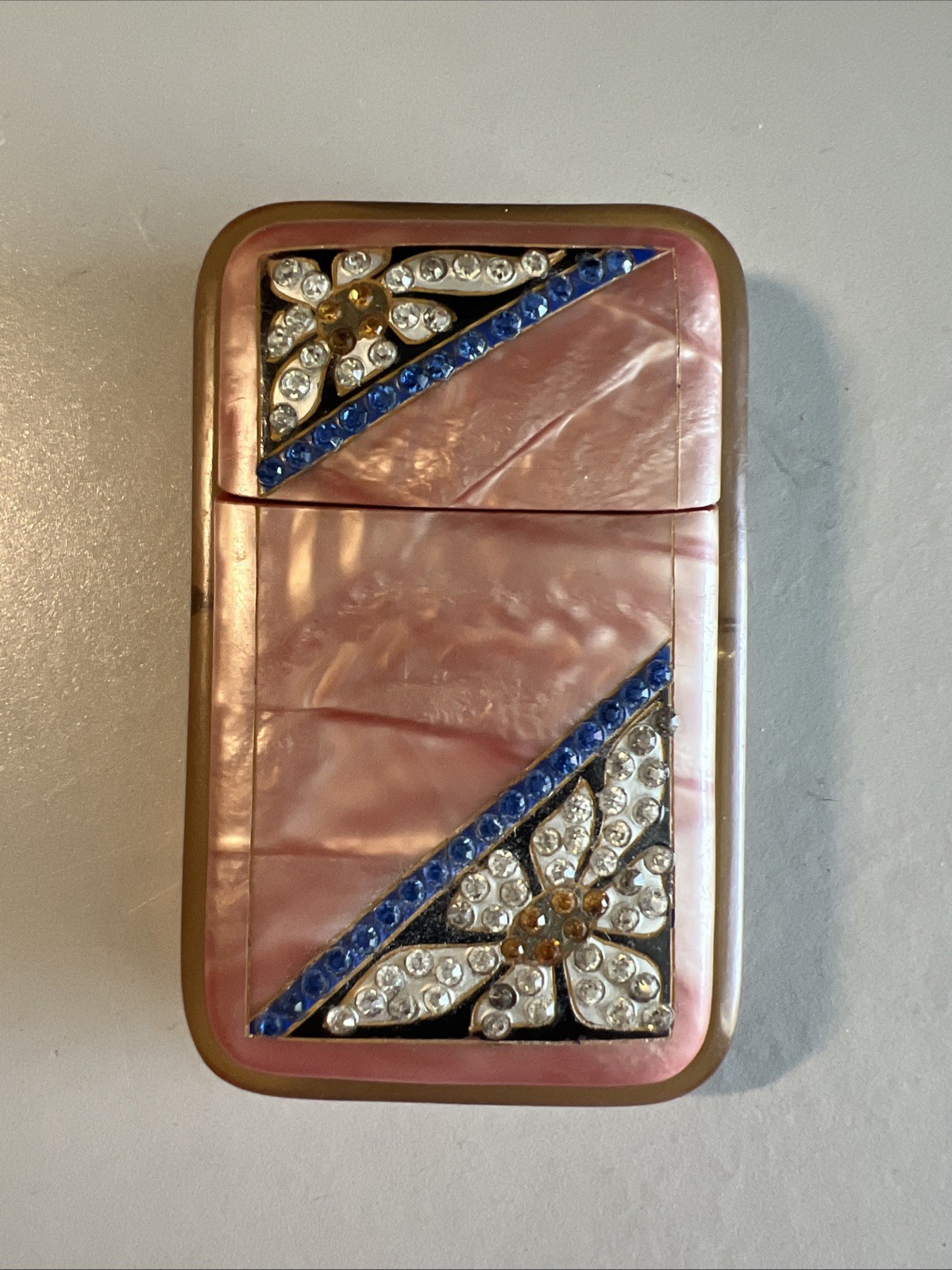 Art Deco Cigarette Case Celluloid & Rhinestones pearlescent pink w/ daisies flip