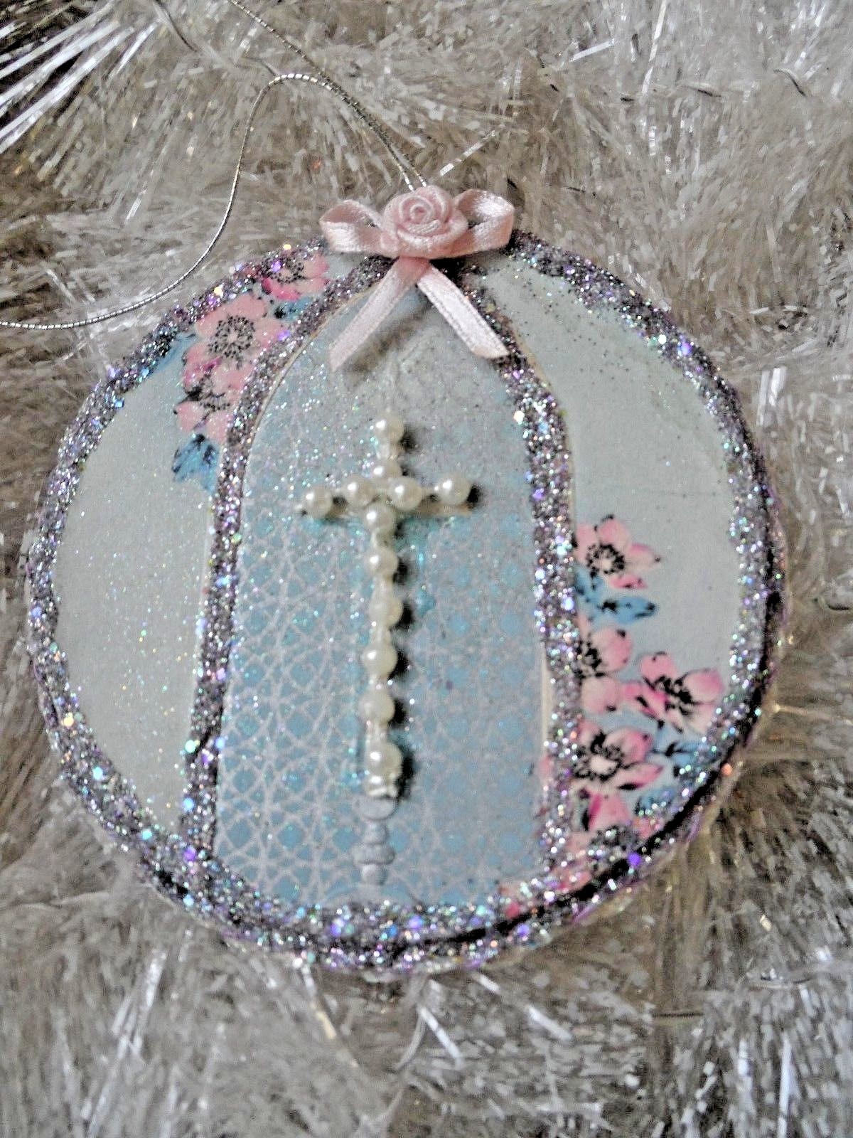 Vintage Img Glittered VICTORIAN Inspired – FLOWERS/CROSS – REVERSIBLE