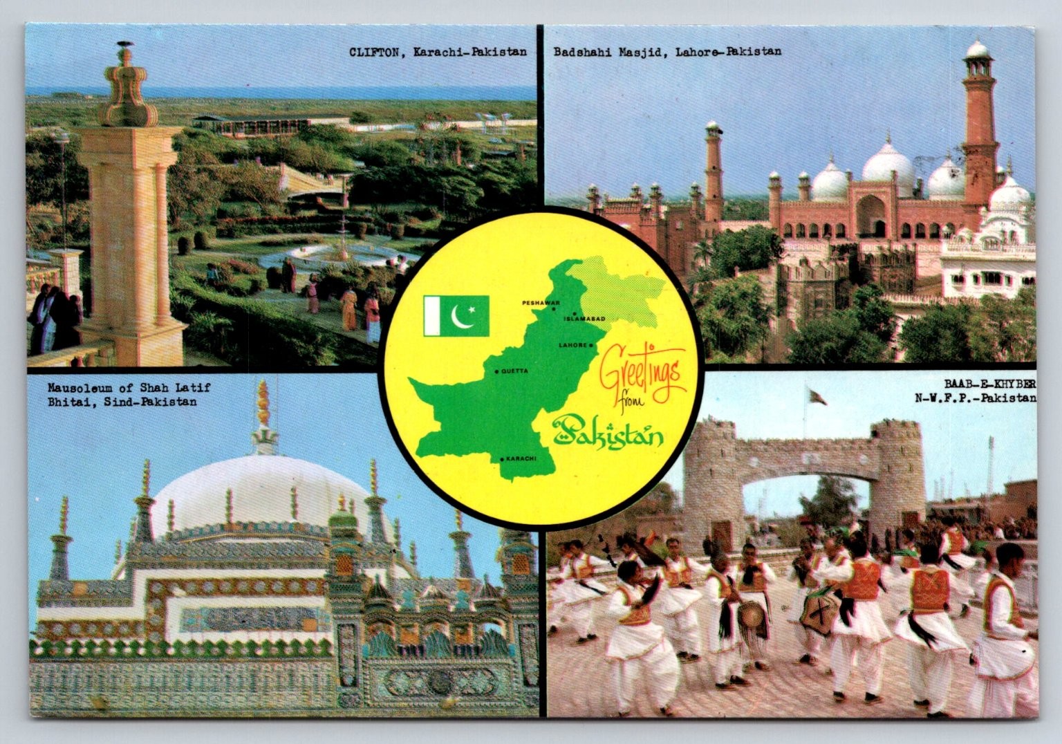Vintage Pakistan Multi-View Postcard – Lahore, Karachi, Khyber Pass, Sind