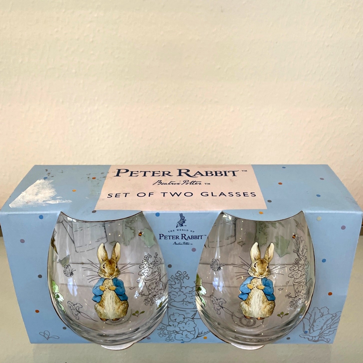 Peter Rabbit Classic Stemless Wine Glass Set of 2 Easter Barware NEW