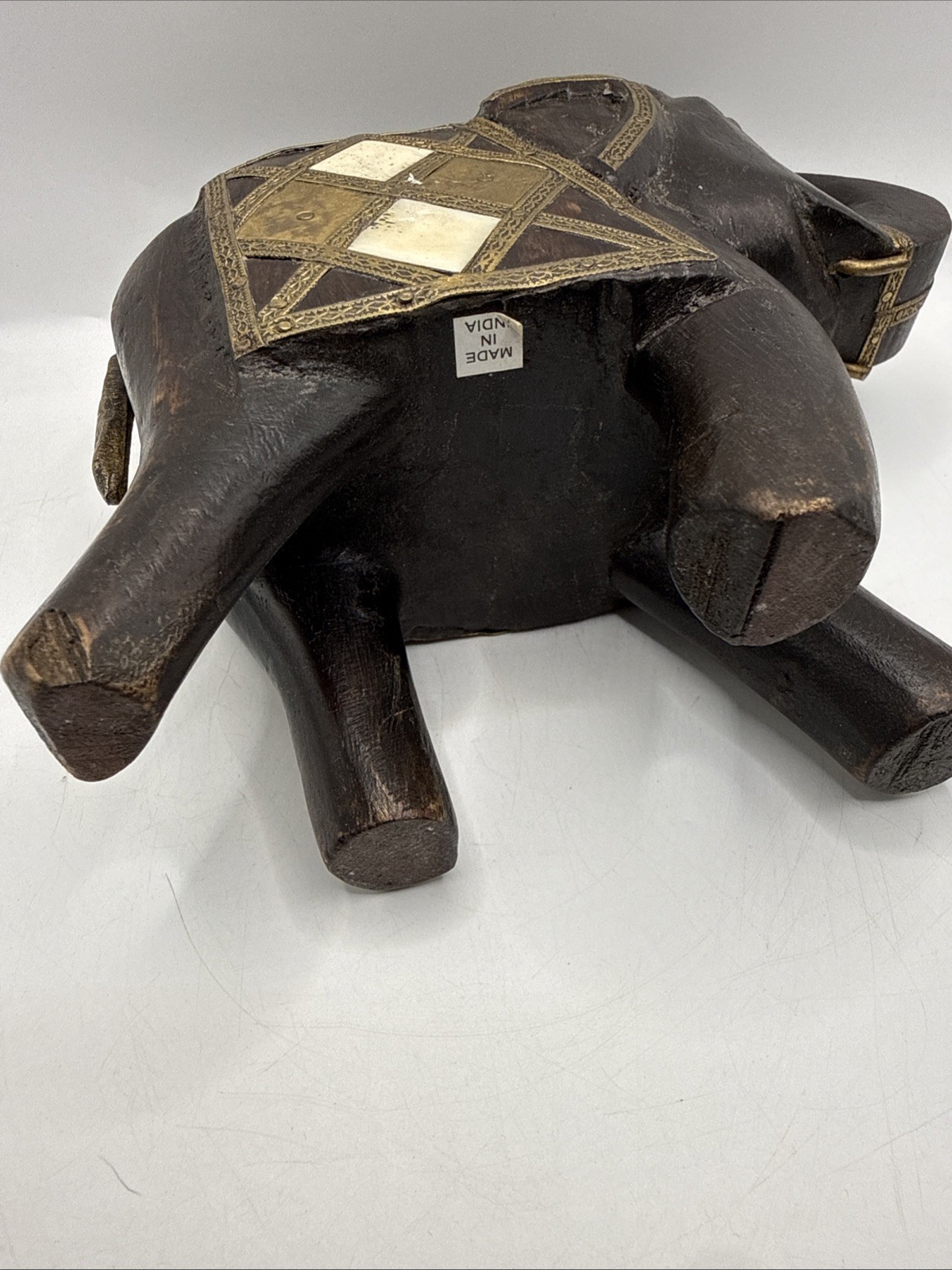 Vintage India Elephant Carved Wood with Stone Inlay and Brass Accents
