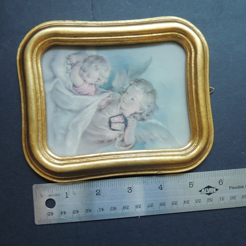 Vintage Guardian Angel Over Sleeping Baby Gold Tone Frame Made In Italy 4″ x 5
