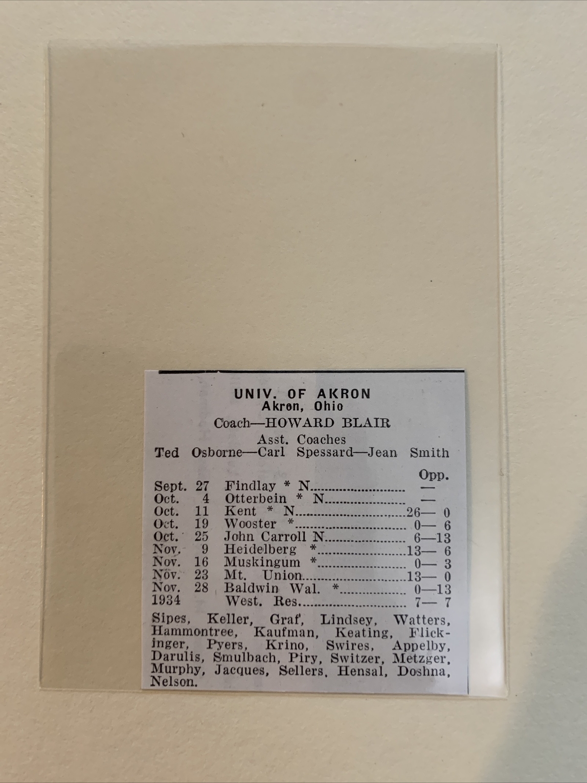 University of Akron Zips OH Ohio 1934 College Football Schedule & Results