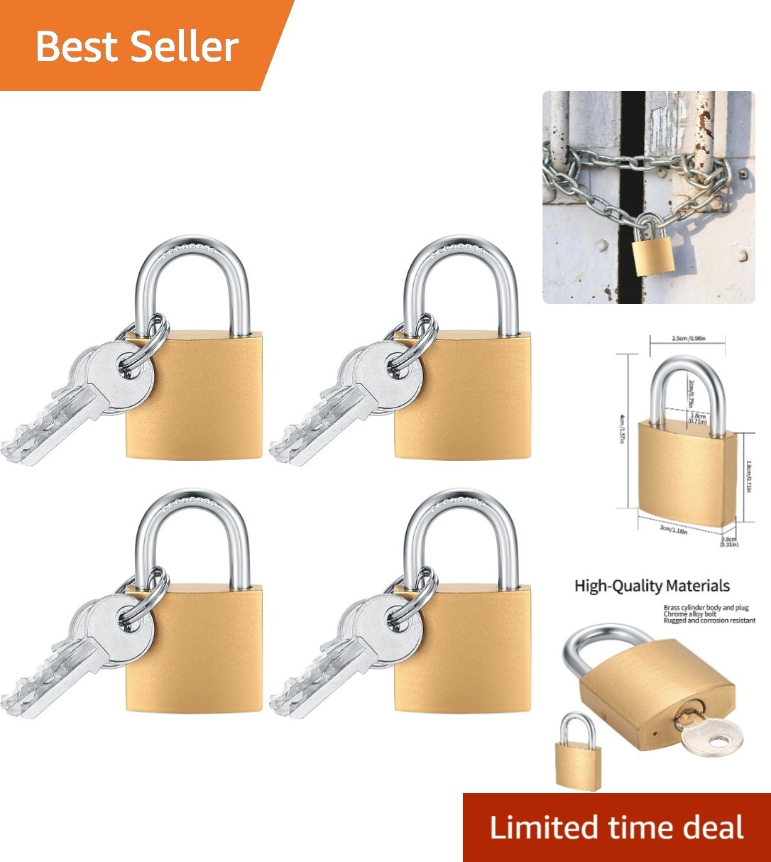 4 Pcs Brass Padlocks with Keys – Keyed Alike for Ultimate Convenience