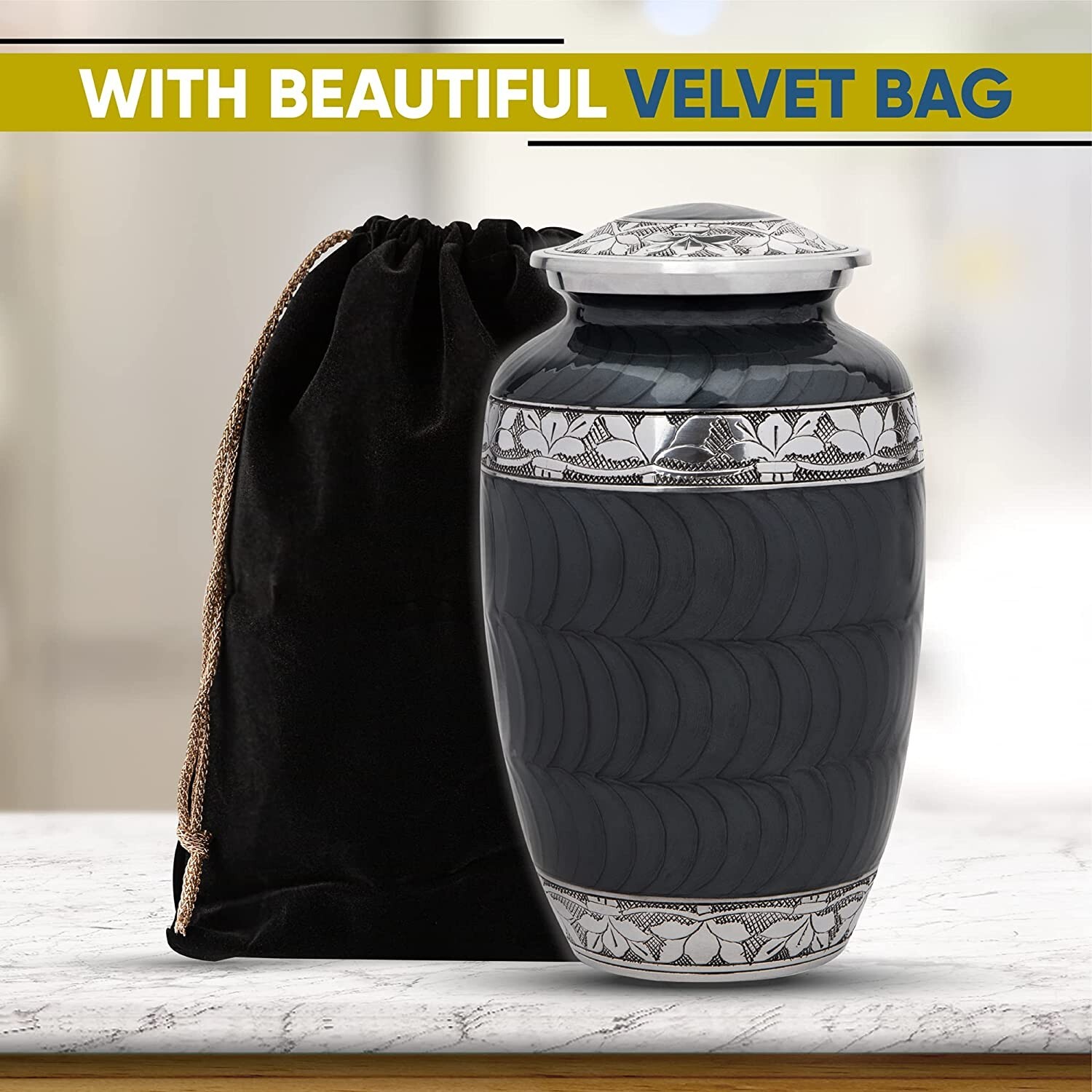 Dark Gray Cremation Urn for Adult Human Ashes with Velvet Bag